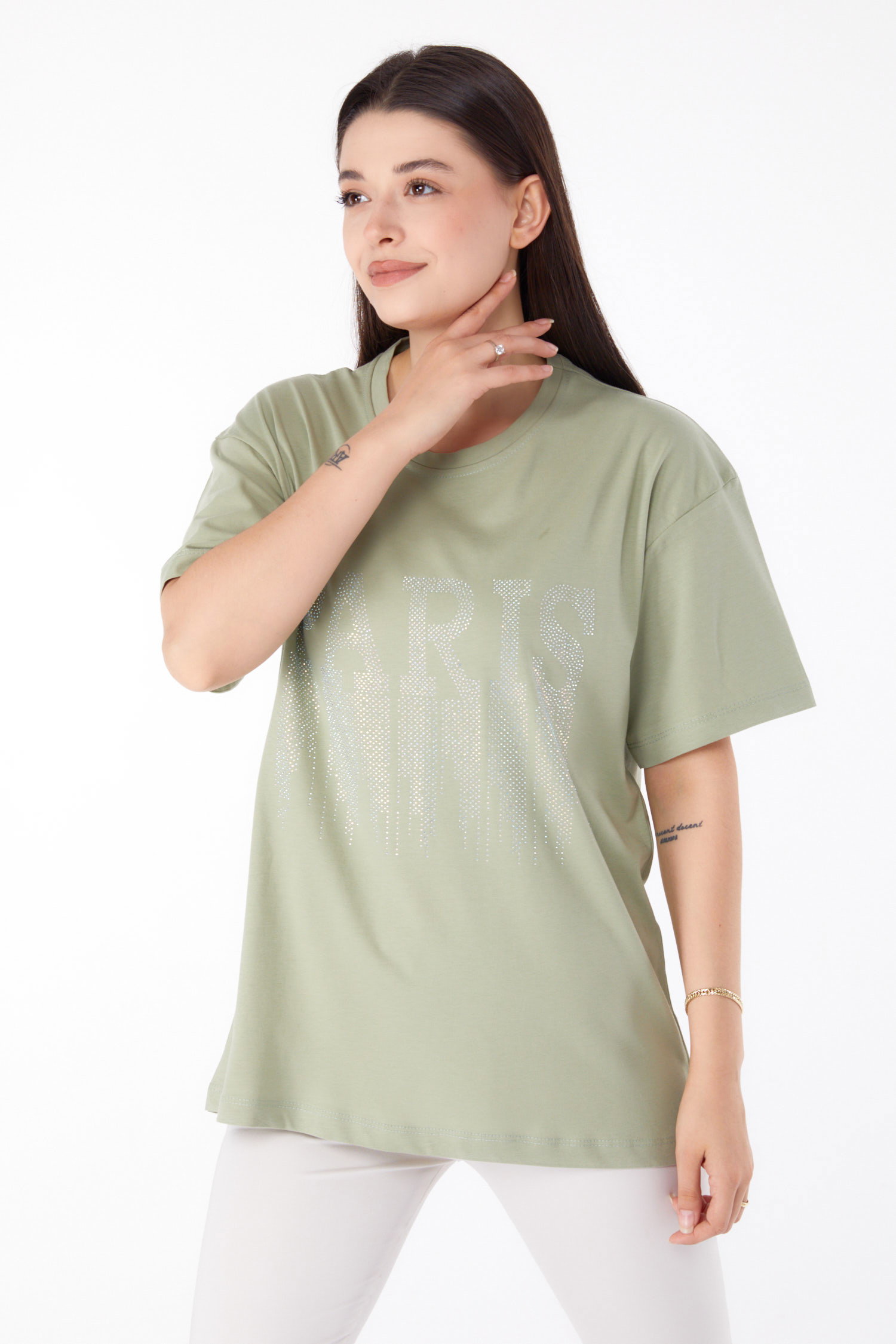 Düz Bisiklet Yaka Kadın Mint Taşlı T-shirt - 25698 - 2