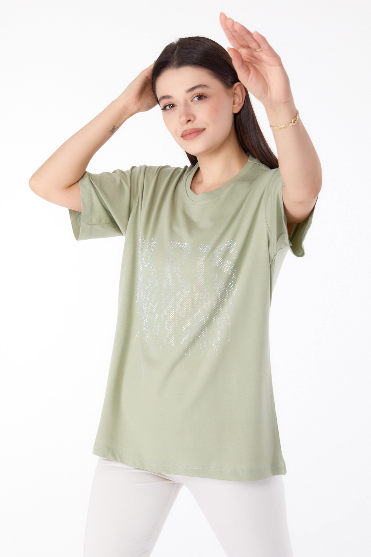 Düz Bisiklet Yaka Kadın Mint Taşlı T-shirt - 25698 - 3