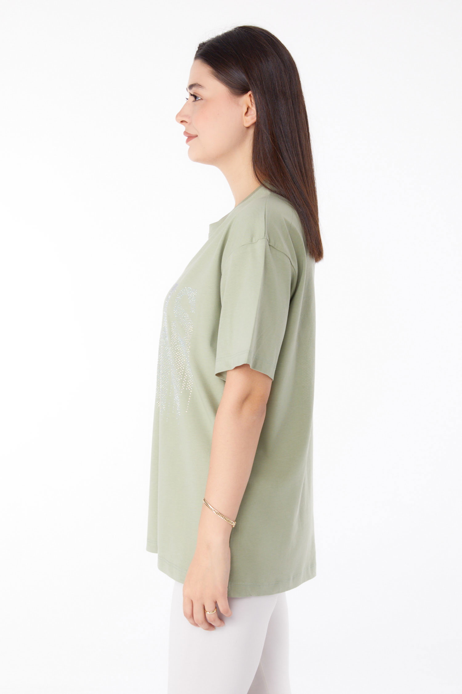 Düz Bisiklet Yaka Kadın Mint Taşlı T-shirt - 25698 - 4