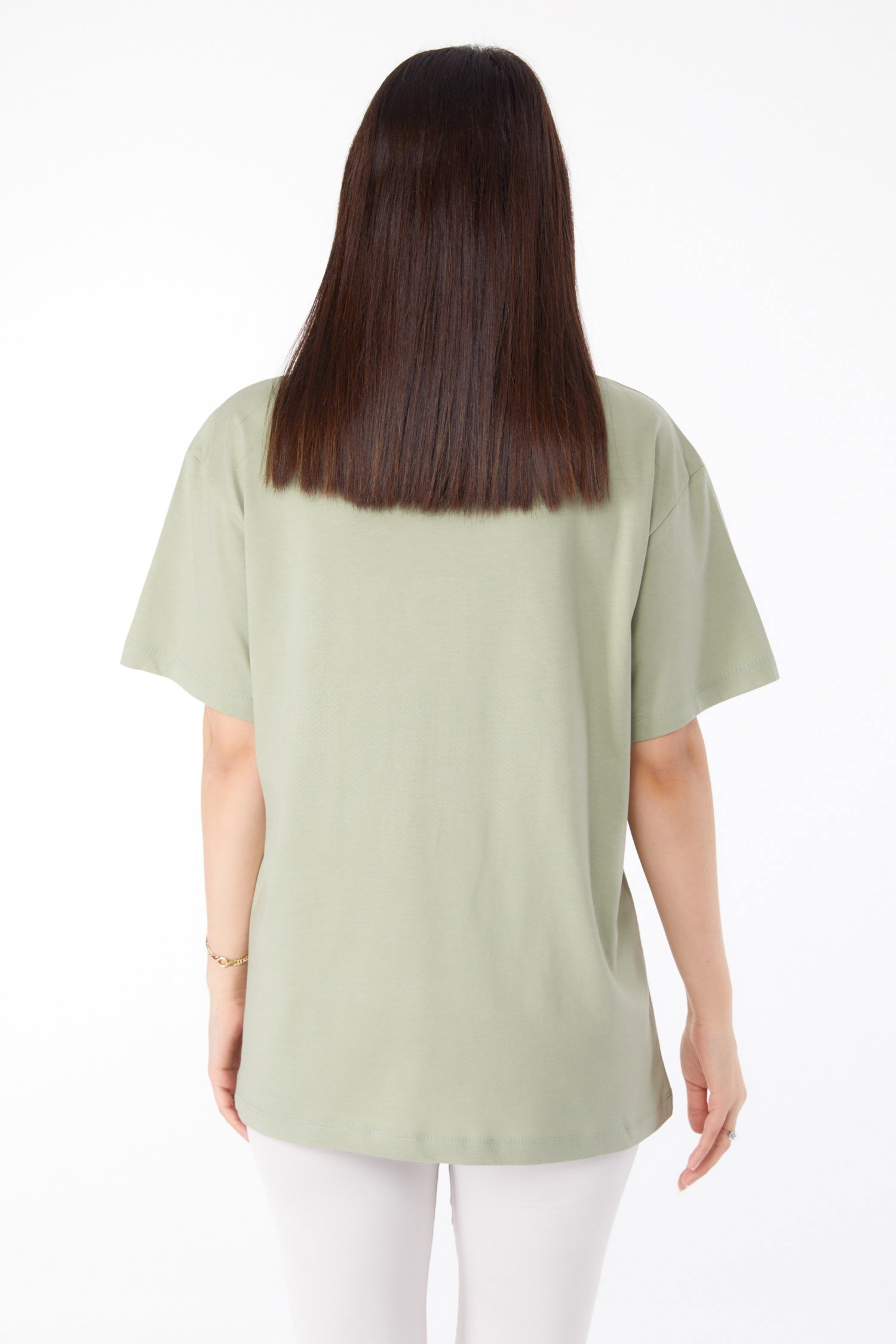 Düz Bisiklet Yaka Kadın Mint Taşlı T-shirt - 25698 - 5