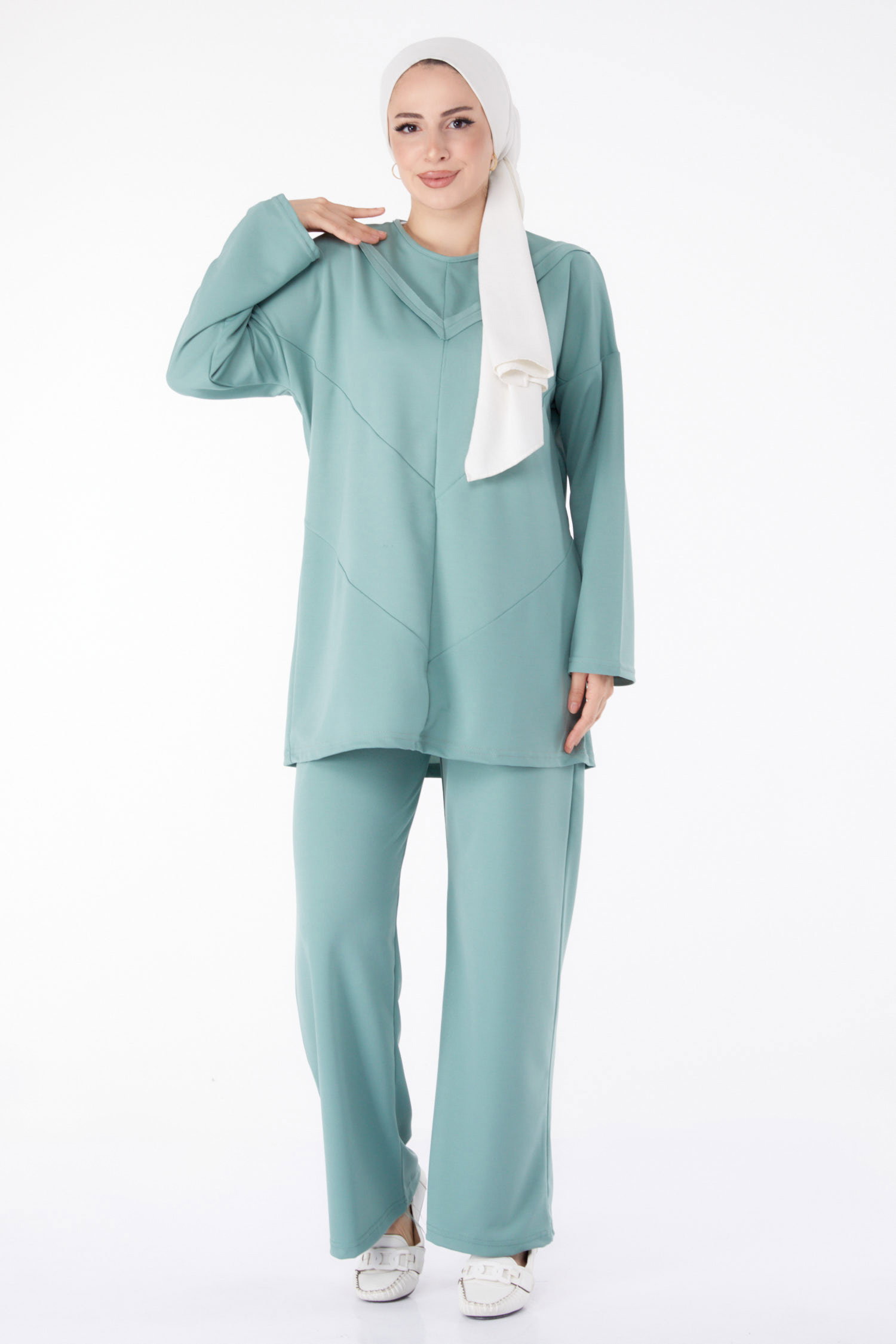 Düz Bisiklet Yaka Kadın Mint Tunik Pantolon - 13139 - 1