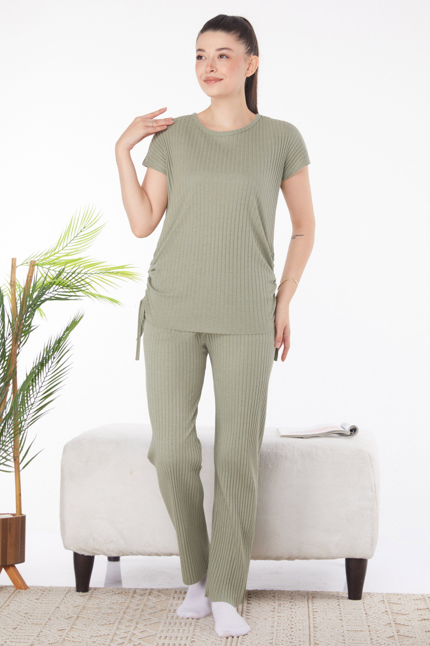 Düz Bisiklet Yaka Kadın Mint Yanları Bağcıklı İkili Takım - 25839 - 1