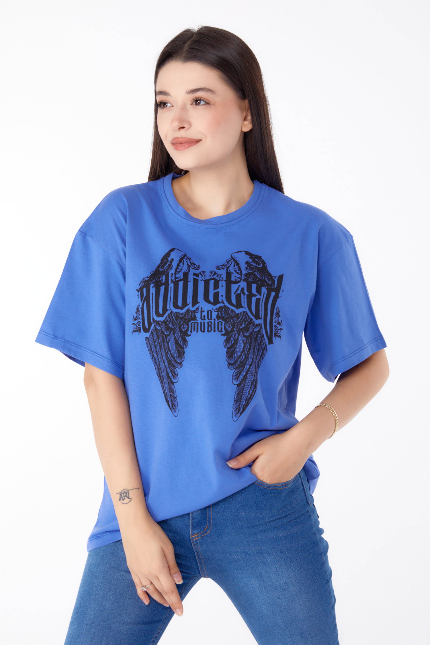 Düz Bisiklet Yaka Kadın Mor Baskılı T-shirt - 25694 - 1