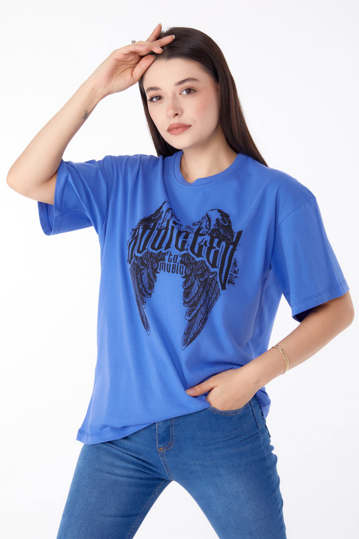 Düz Bisiklet Yaka Kadın Mor Baskılı T-shirt - 25694 - 2