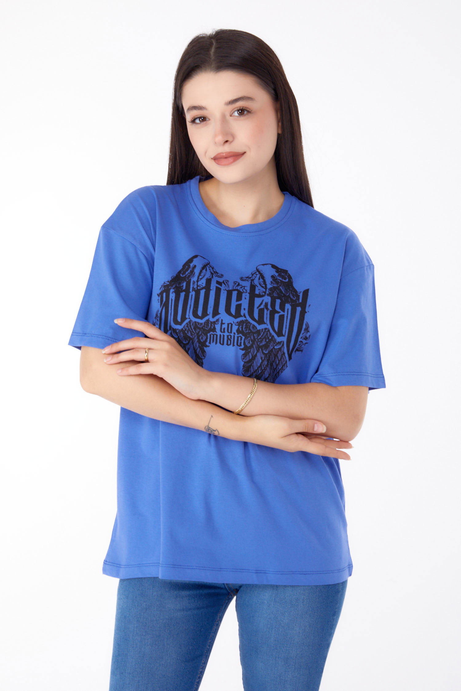 Düz Bisiklet Yaka Kadın Mor Baskılı T-shirt - 25694 - 3