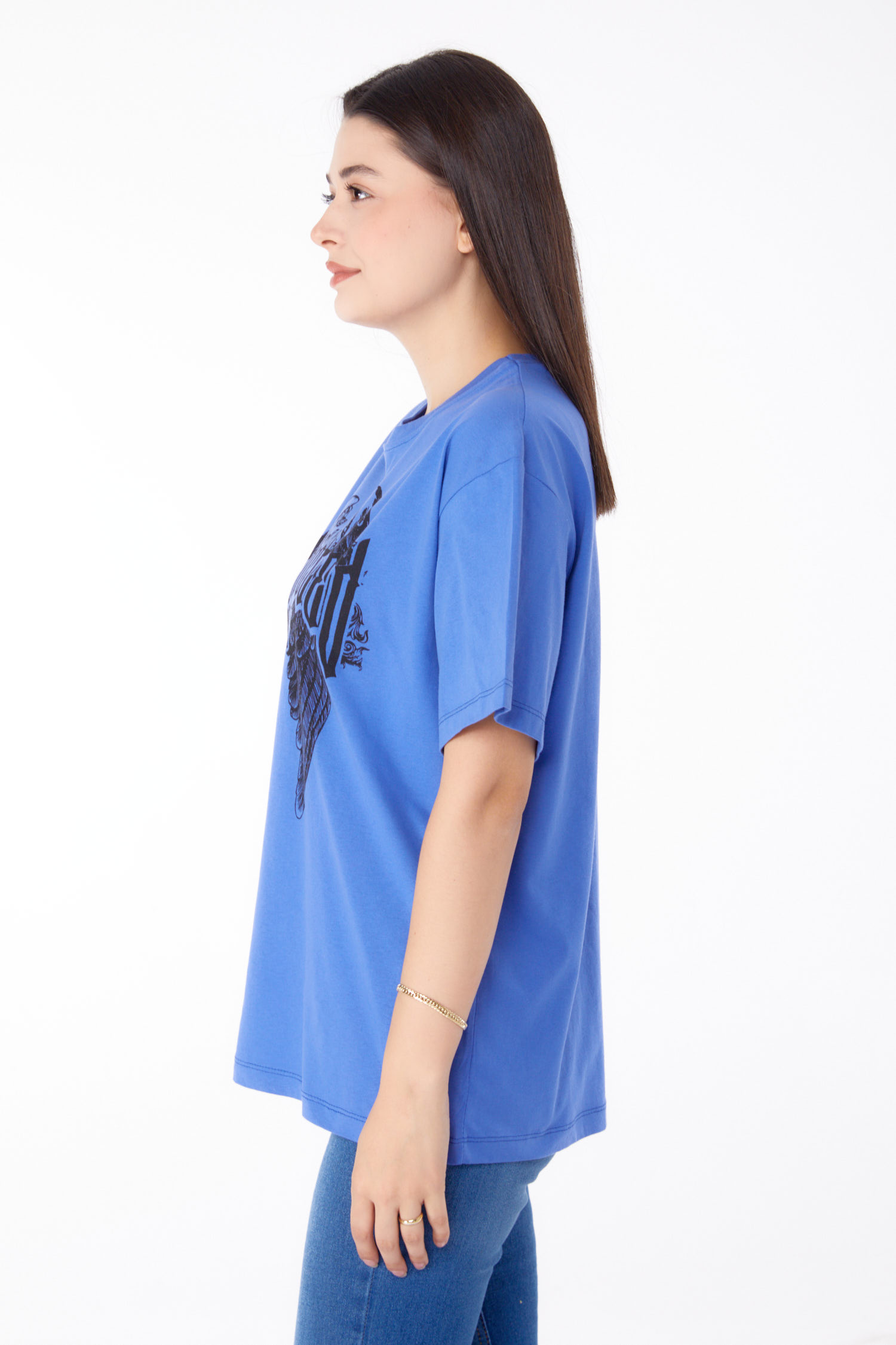 Düz Bisiklet Yaka Kadın Mor Baskılı T-shirt - 25694 - 4