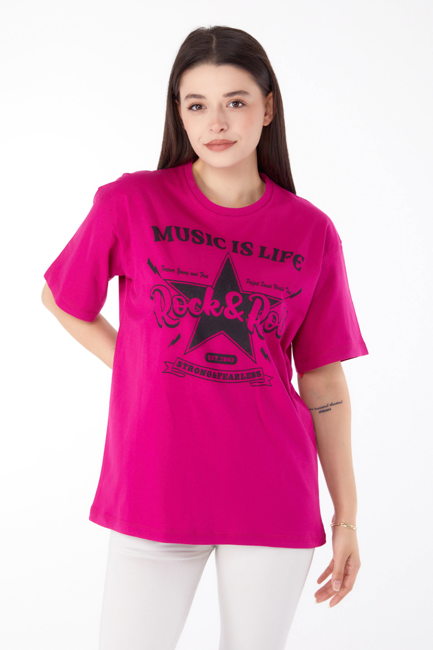 Düz Bisiklet Yaka Kadın Mor Baskılı T-shirt - 25700 - 1