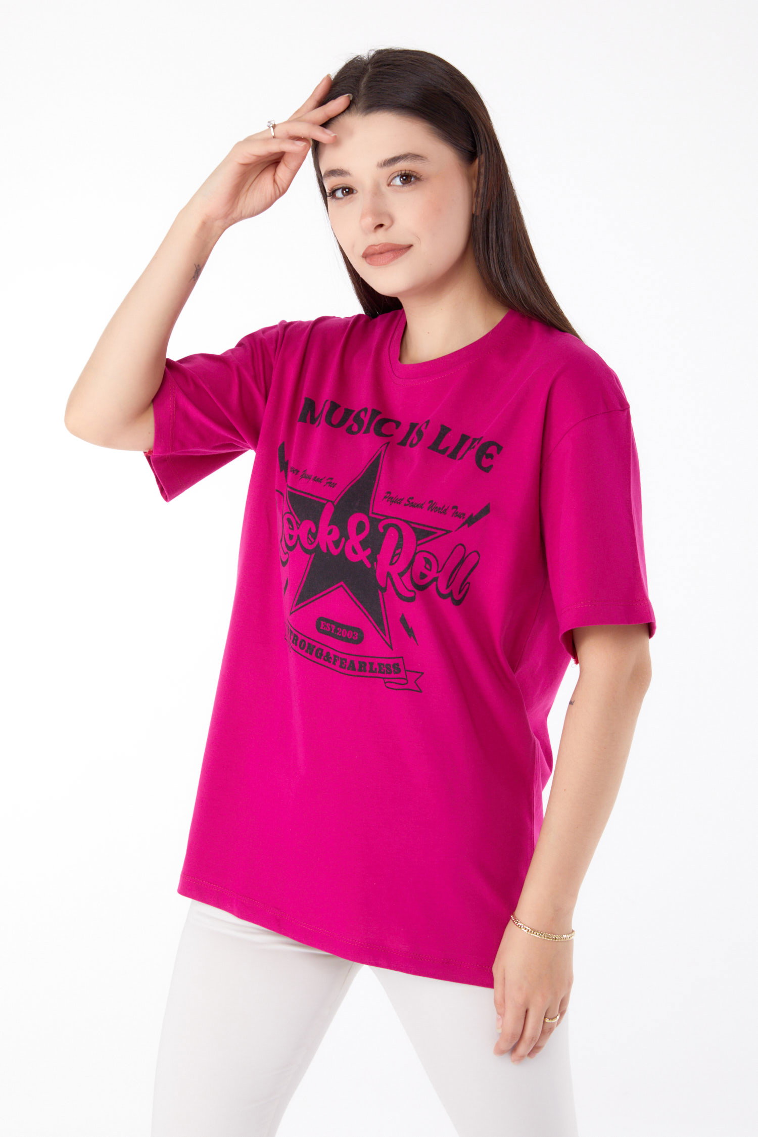 Düz Bisiklet Yaka Kadın Mor Baskılı T-shirt - 25700 - 2