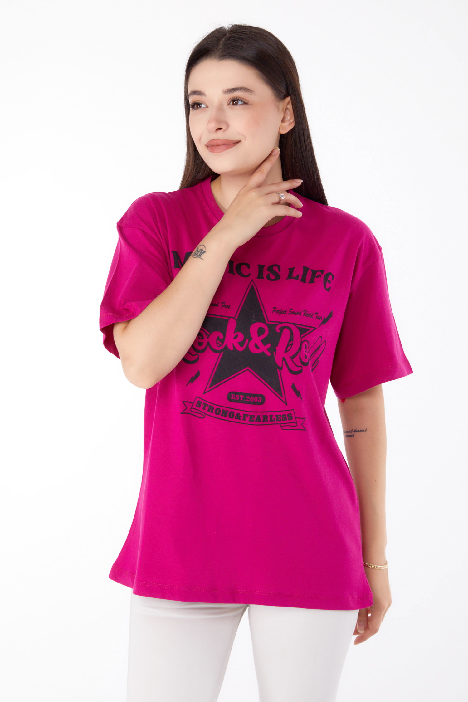 Düz Bisiklet Yaka Kadın Mor Baskılı T-shirt - 25700 - 3