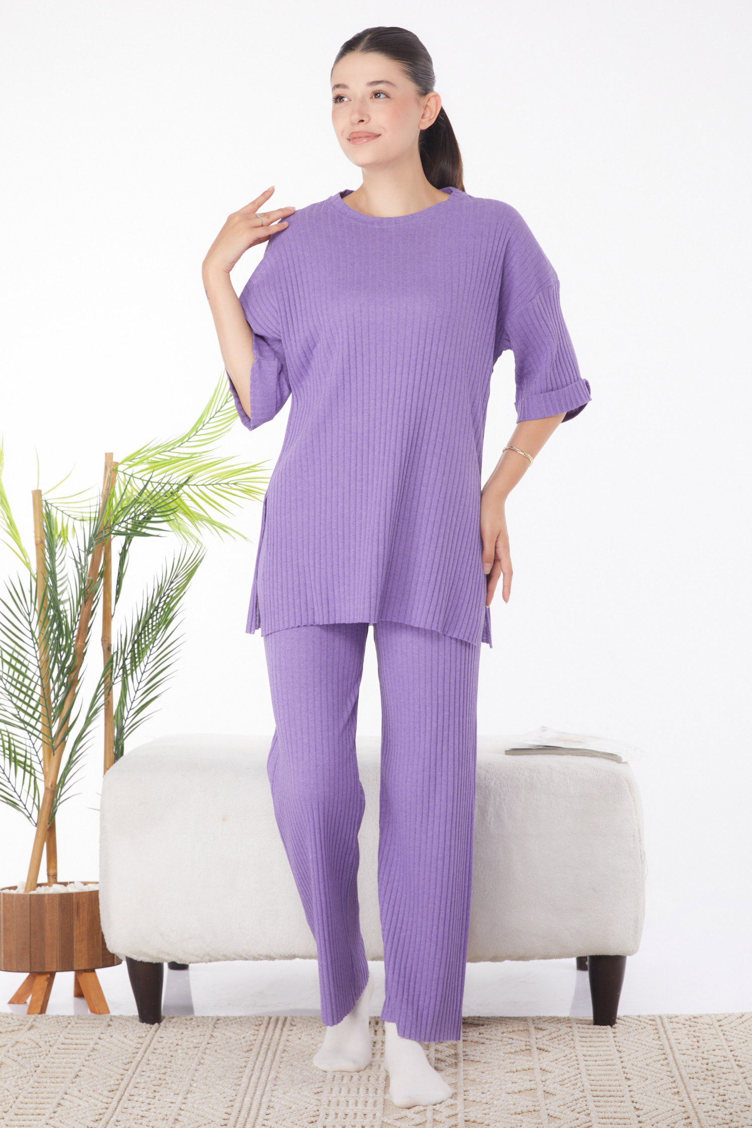 Düz Bisiklet Yaka Kadın Mor Bislet Yaka Kısa Kollu Pijama Takımı - 24453 - 1