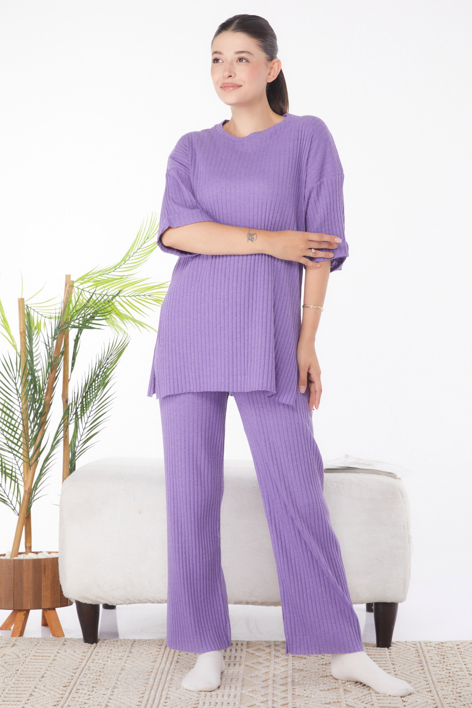 Düz Bisiklet Yaka Kadın Mor Bislet Yaka Kısa Kollu Pijama Takımı - 24453 - 2