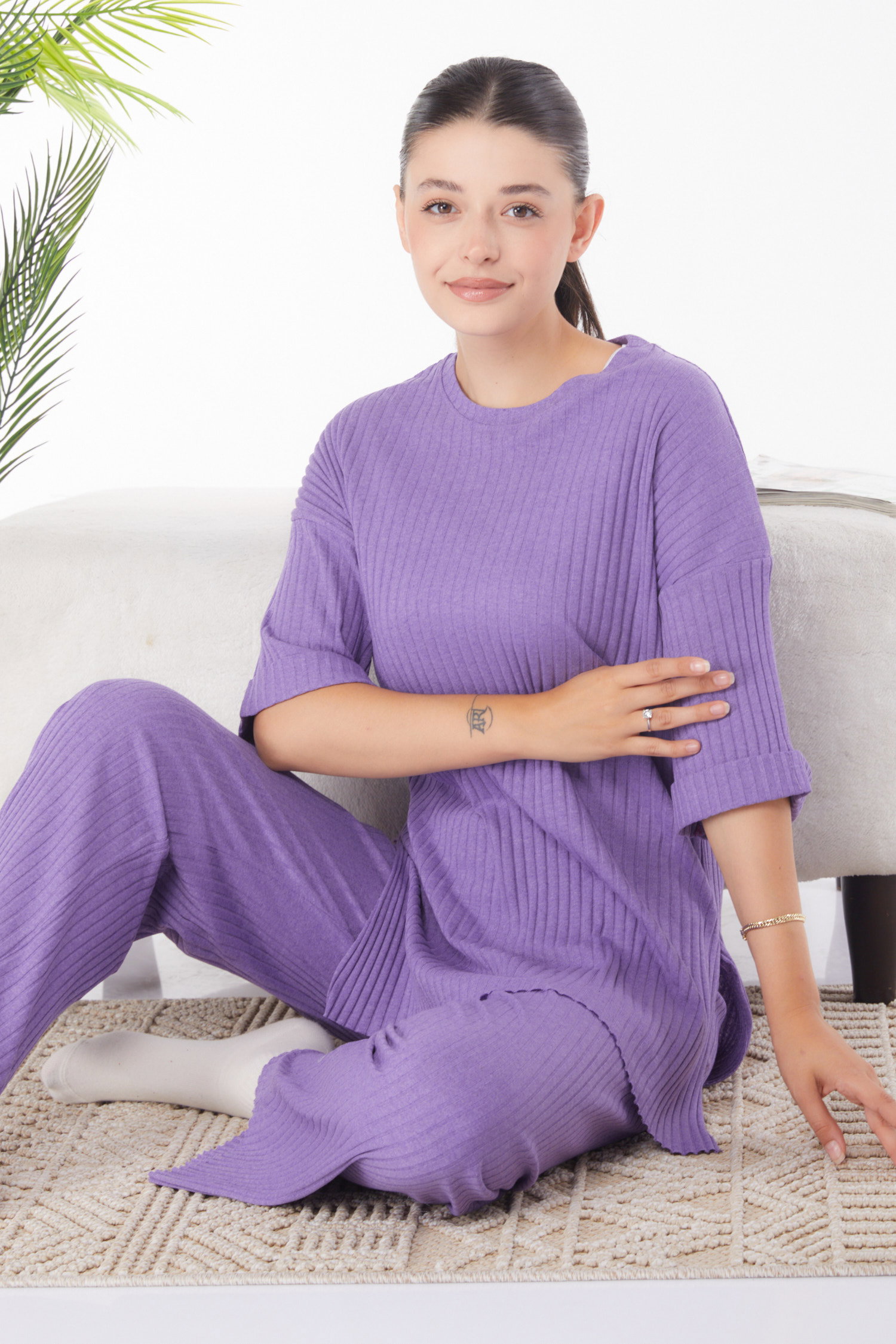 Düz Bisiklet Yaka Kadın Mor Bislet Yaka Kısa Kollu Pijama Takımı - 24453 - 3