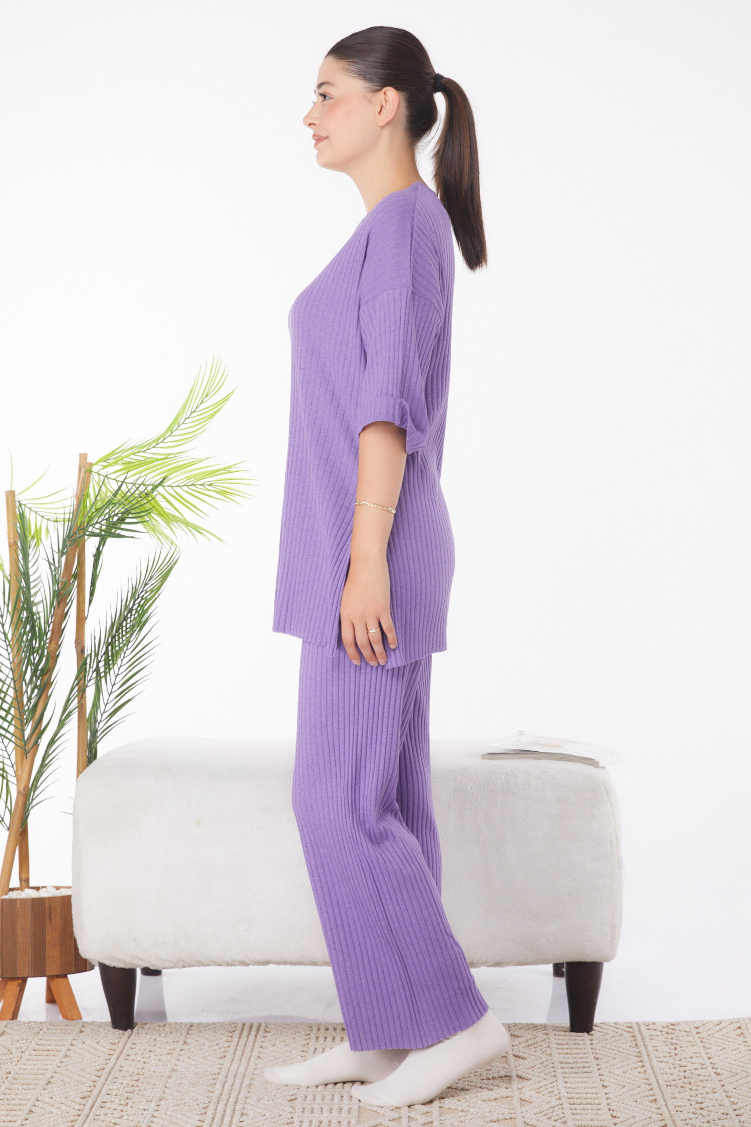 Düz Bisiklet Yaka Kadın Mor Bislet Yaka Kısa Kollu Pijama Takımı - 24453 - 4