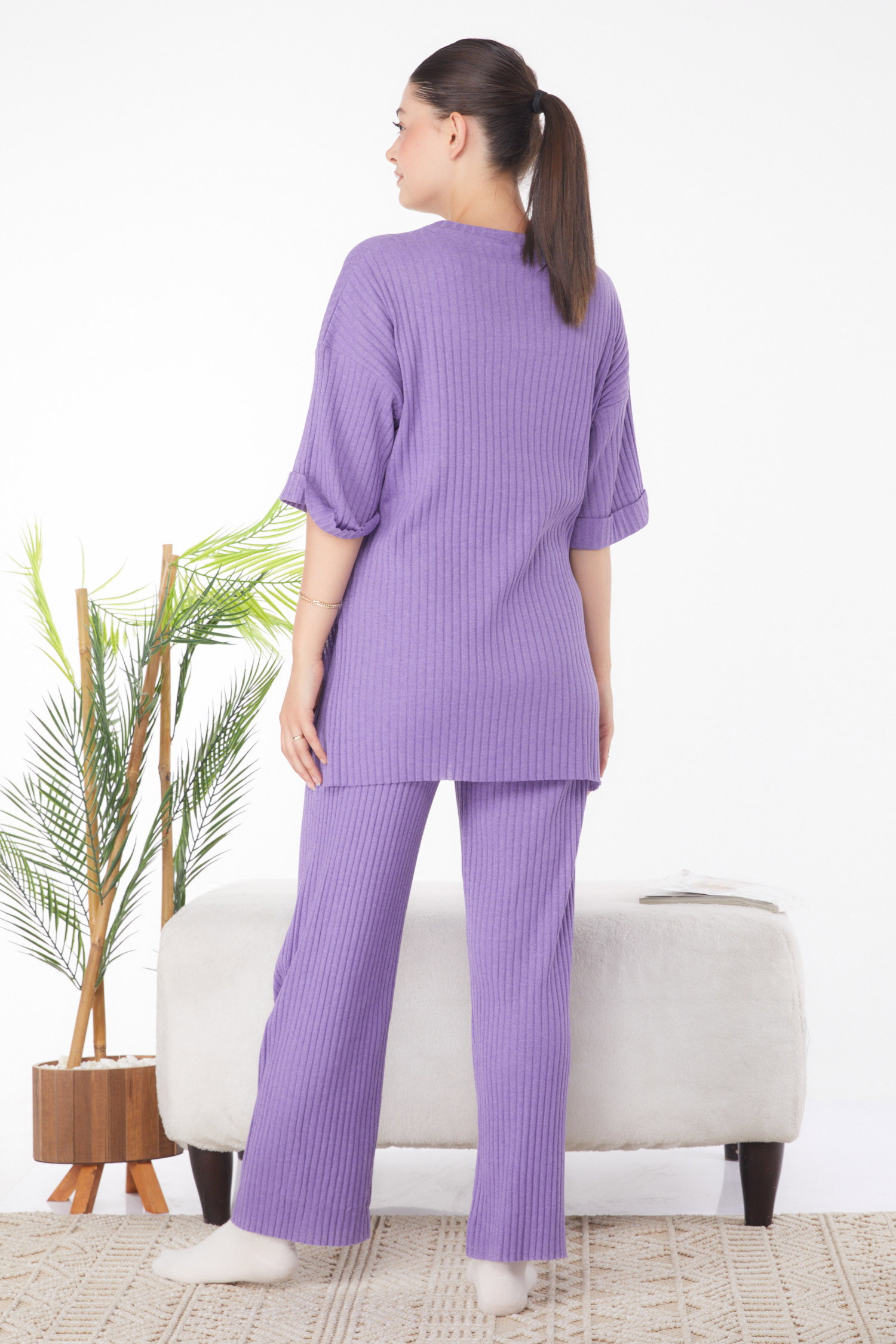 Düz Bisiklet Yaka Kadın Mor Bislet Yaka Kısa Kollu Pijama Takımı - 24453 - 5