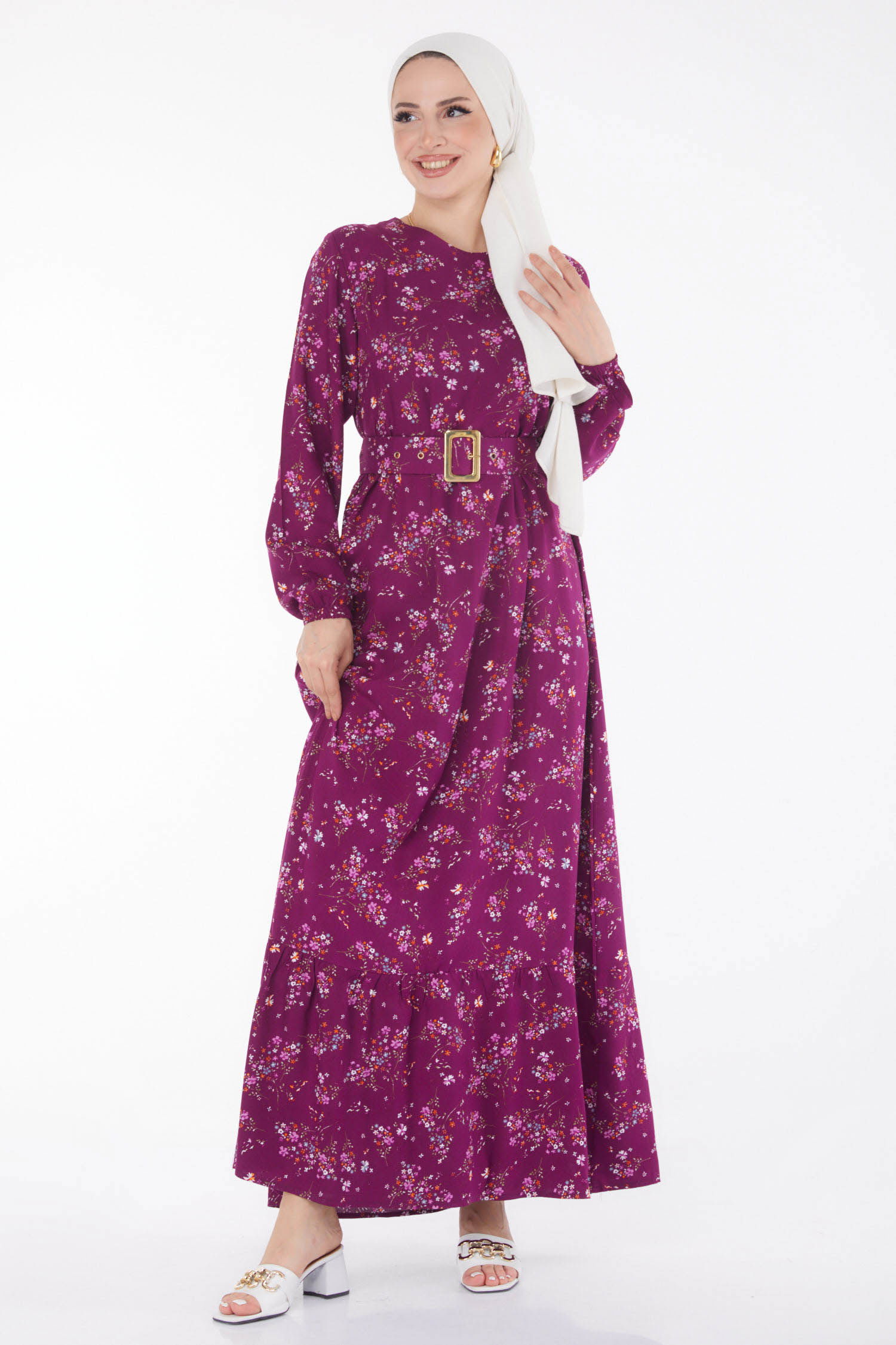 Çicek Desenli Elbise Mor - 25706 - 1