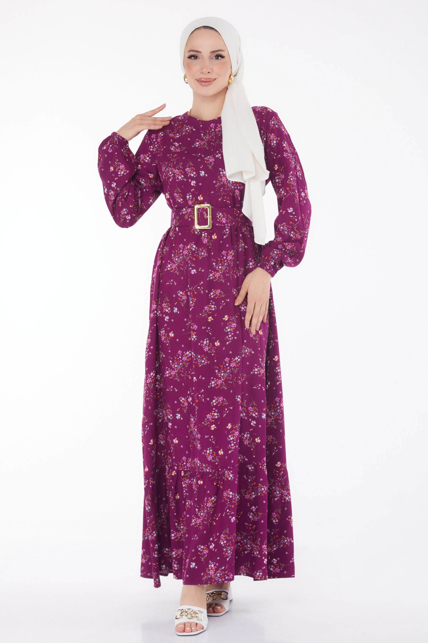Çicek Desenli Elbise Mor - 25706 - 3