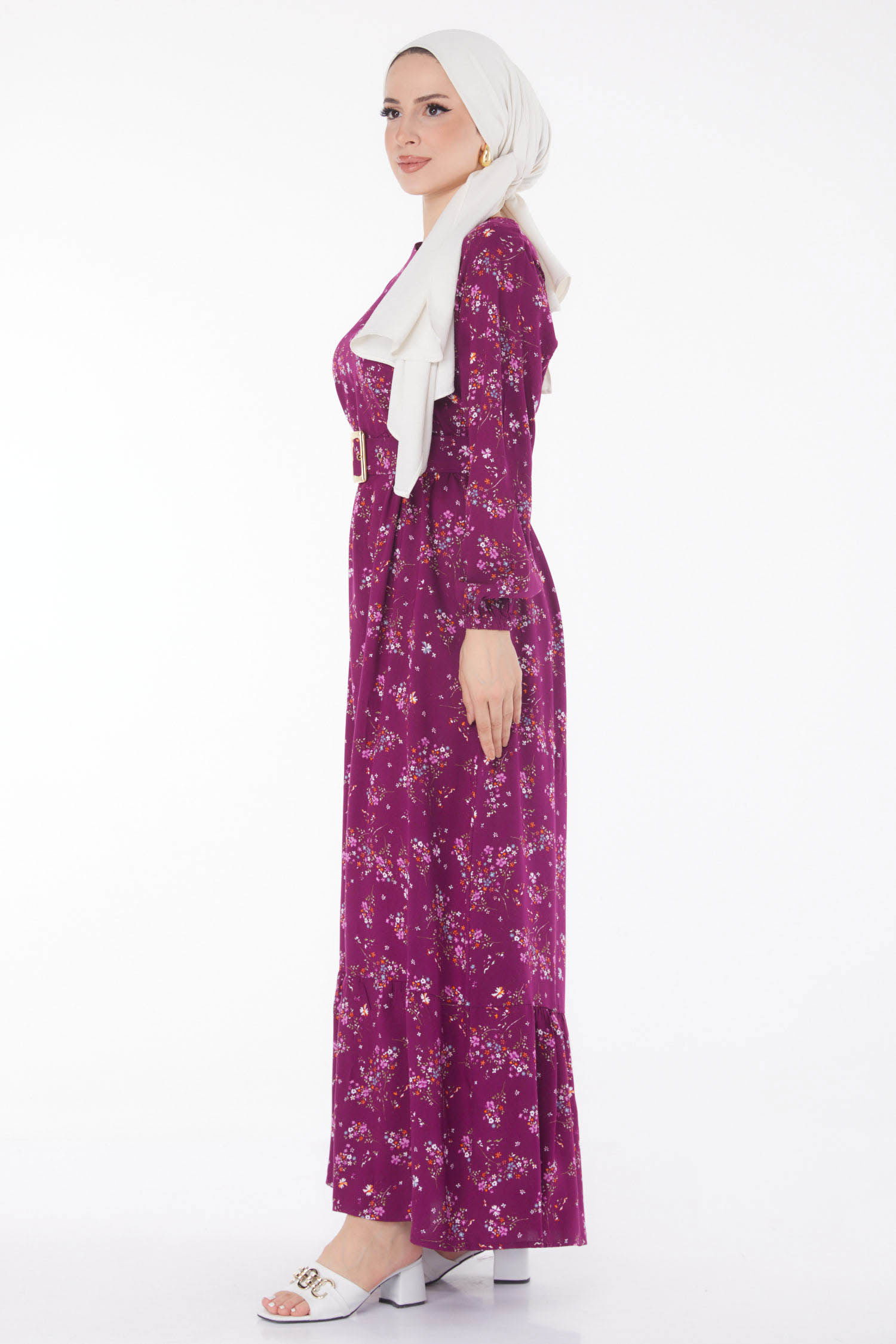 Çicek Desenli Elbise Mor - 25706 - 4