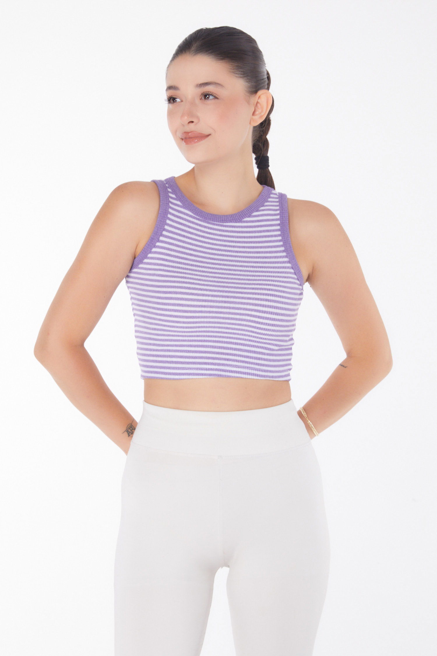 Düz Bisiklet Yaka Kadın Mor Çizgili Crop - 25958 - 1