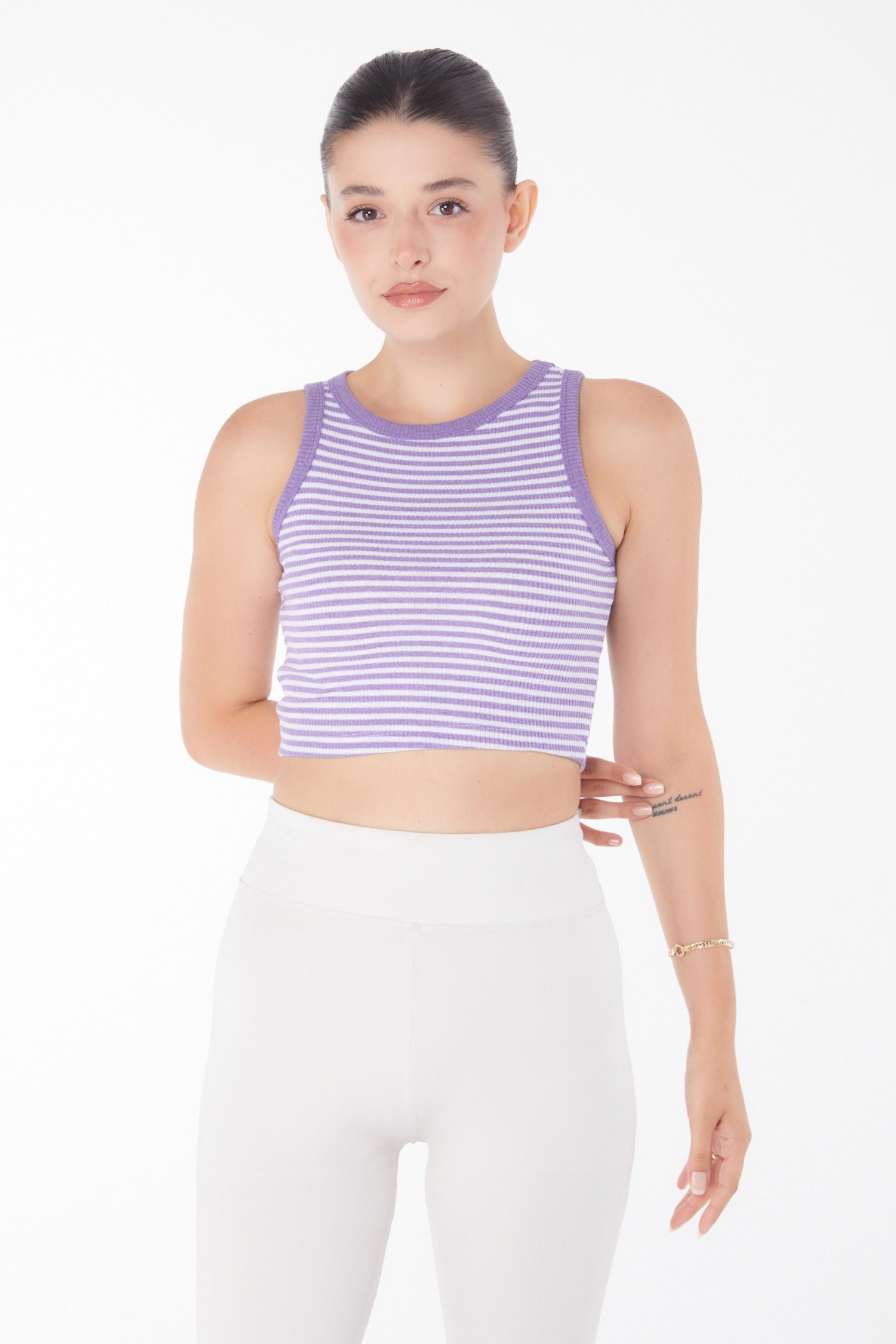 Düz Bisiklet Yaka Kadın Mor Çizgili Crop - 25958 - 2