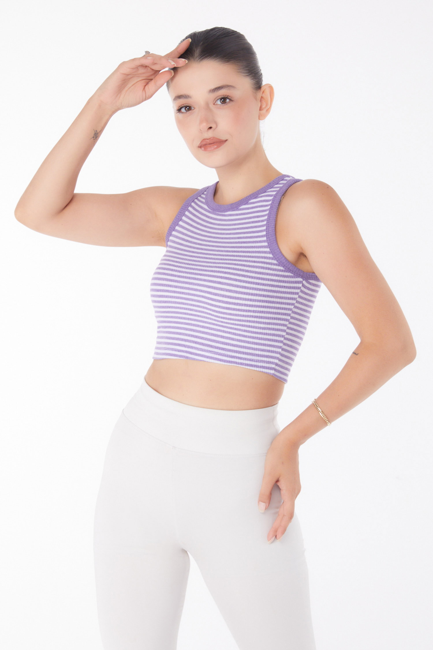 Düz Bisiklet Yaka Kadın Mor Çizgili Crop - 25958 - 3