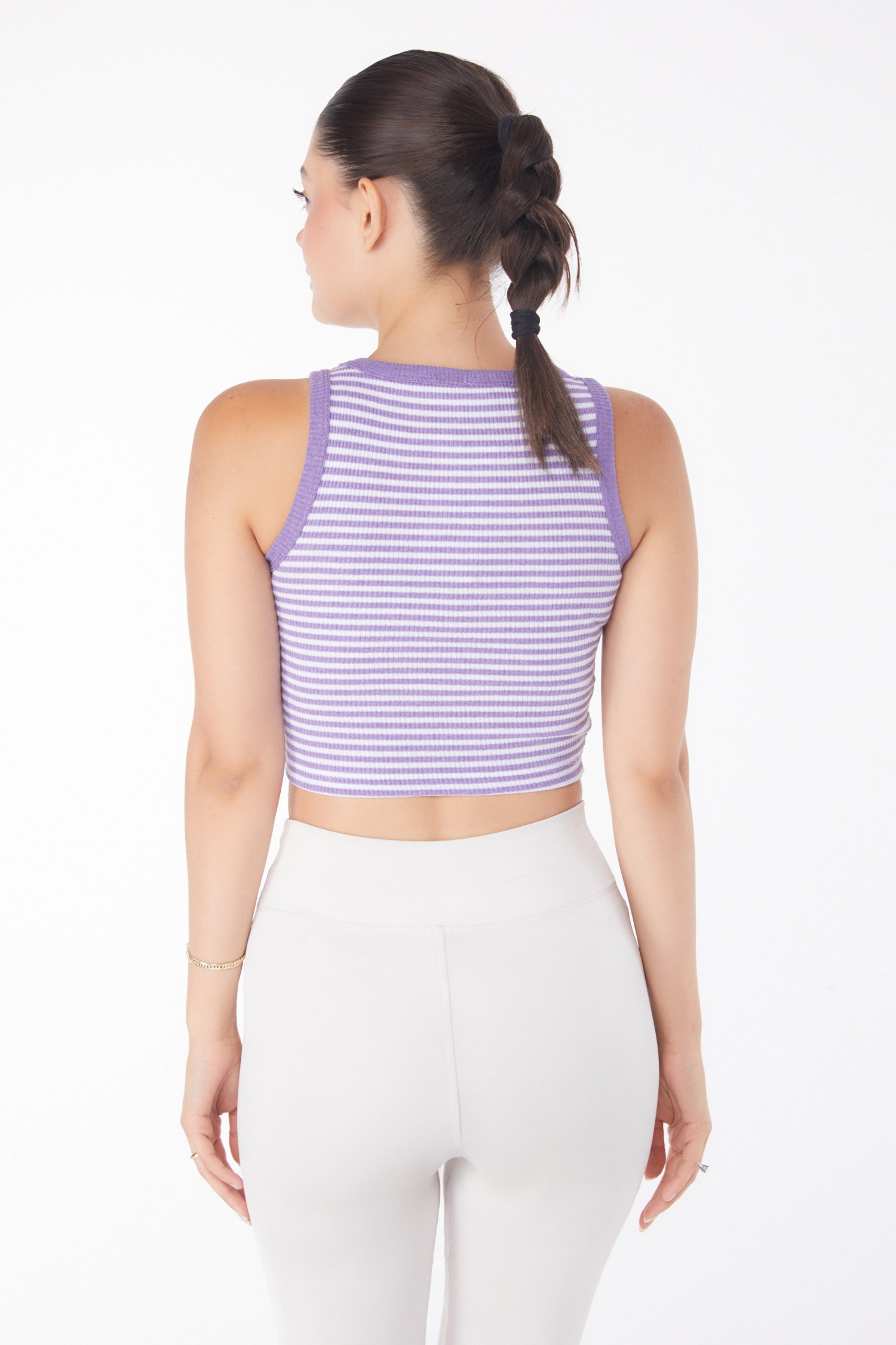 Düz Bisiklet Yaka Kadın Mor Çizgili Crop - 25958 - 5