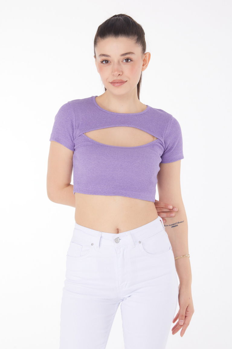 Düz Bisiklet Yaka Kadın Mor Crop - 25852 - TOFİSA
