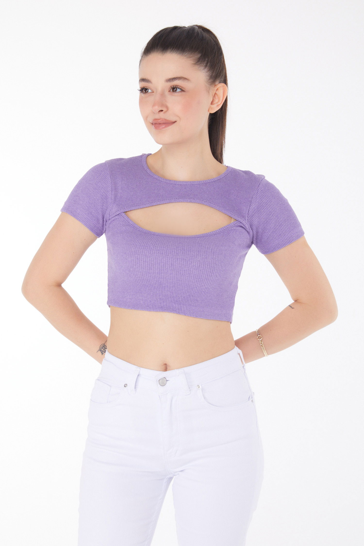 Düz Bisiklet Yaka Kadın Mor Crop - 25852 - 2