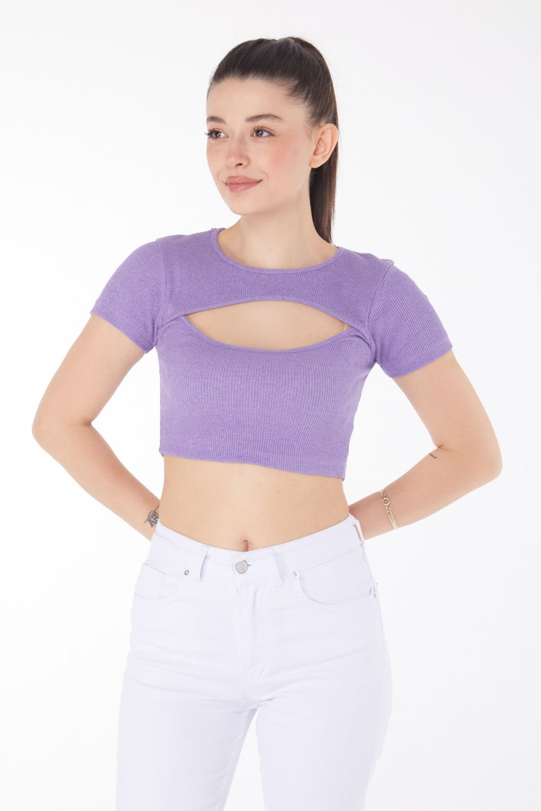 Düz Bisiklet Yaka Kadın Mor Crop - 25852 - TOFİSA