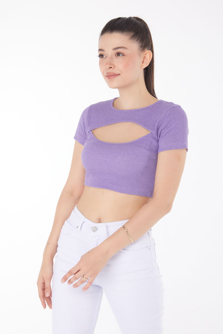 Düz Bisiklet Yaka Kadın Mor Crop - 25852 - TOFİSA