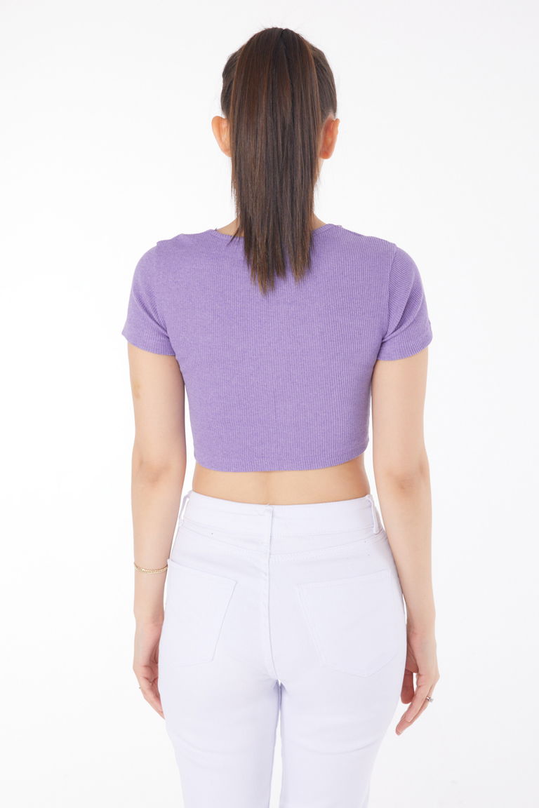 Düz Bisiklet Yaka Kadın Mor Crop - 25852 - TOFİSA