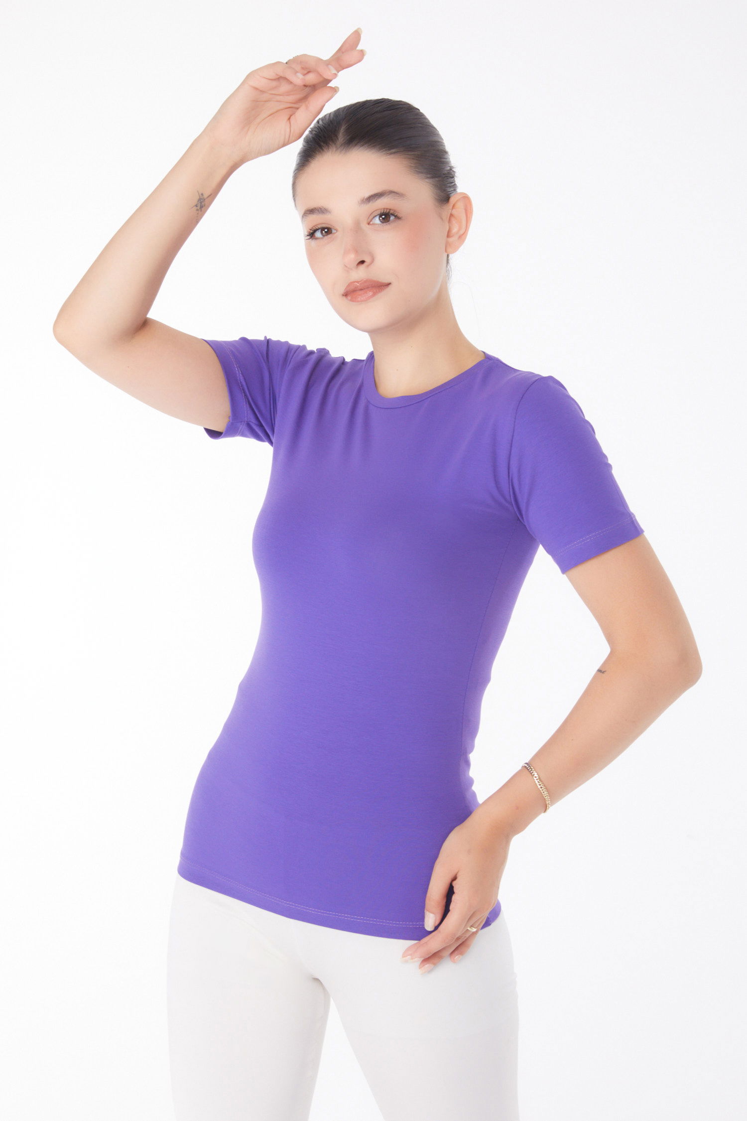 Kısa Kollu T-shirt Mor - 25768 - 3