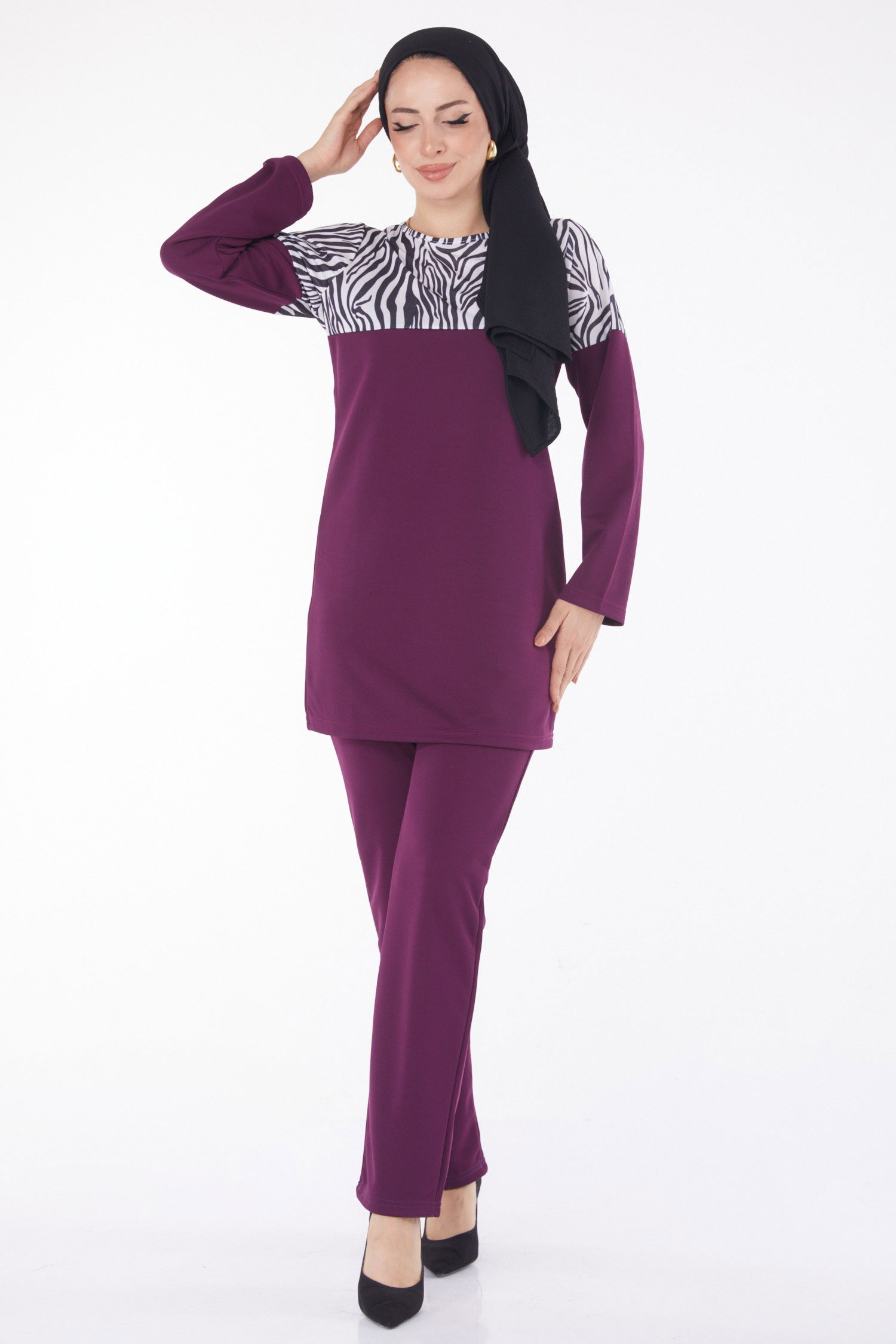 Düz Bisiklet Yaka Kadın Mor Leopar Garnili İkili Takım - 13210 - 1