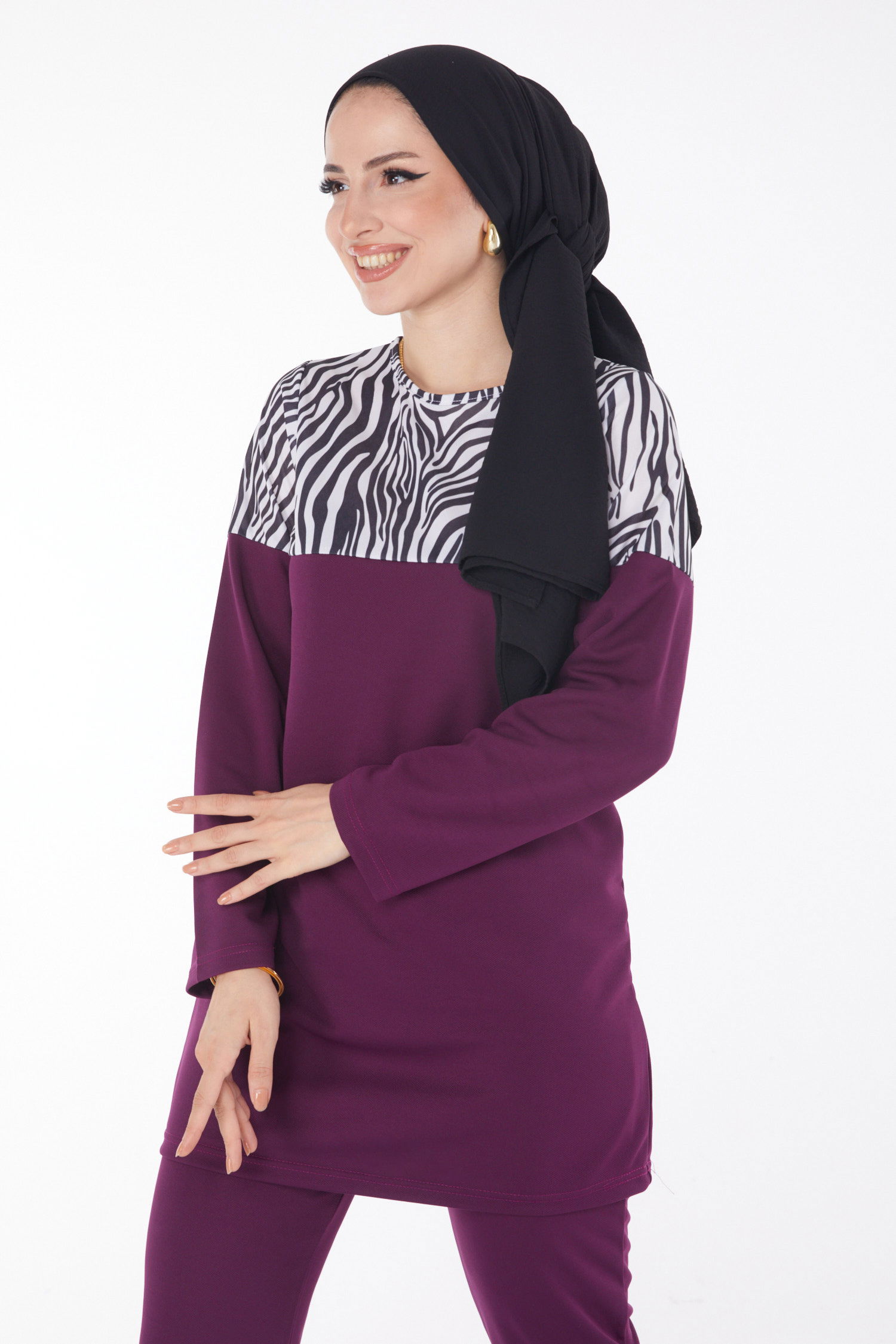 Düz Bisiklet Yaka Kadın Mor Leopar Garnili İkili Takım - 13210 - 2