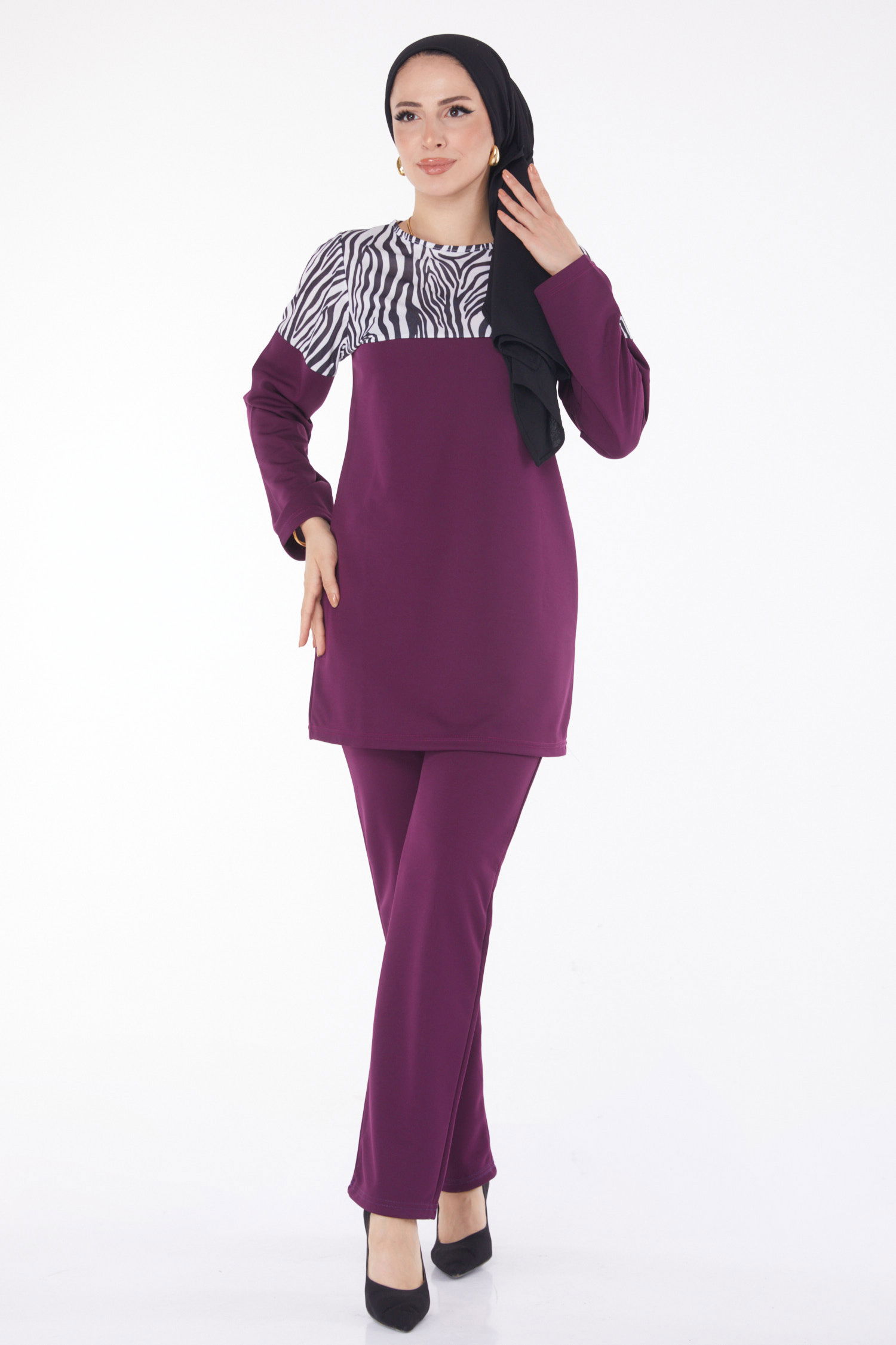 Düz Bisiklet Yaka Kadın Mor Leopar Garnili İkili Takım - 13210 - 3