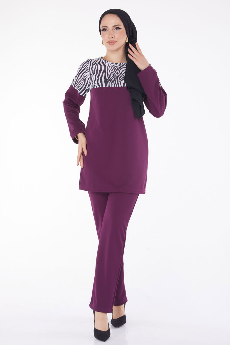 Düz Bisiklet Yaka Kadın Mor Leopar Garnili İkili Takım - 13210 - TOFİSA
