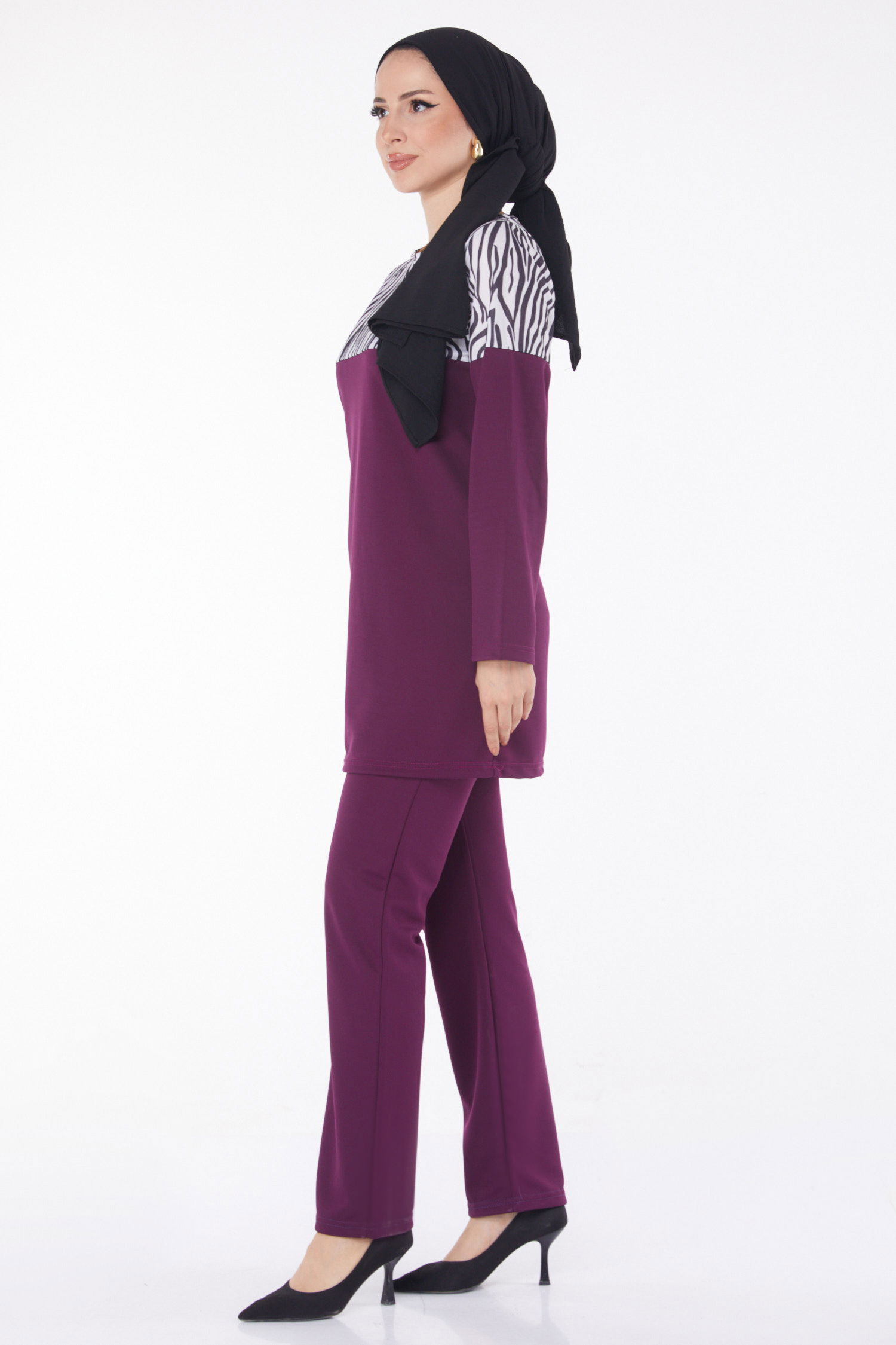 Düz Bisiklet Yaka Kadın Mor Leopar Garnili İkili Takım - 13210 - 4