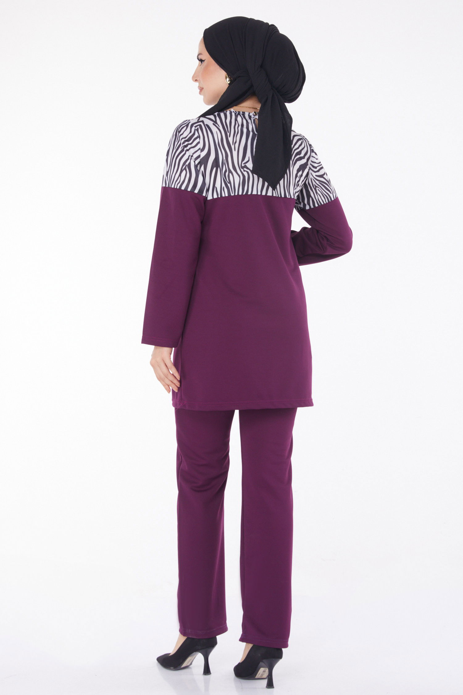 Düz Bisiklet Yaka Kadın Mor Leopar Garnili İkili Takım - 13210 - 5