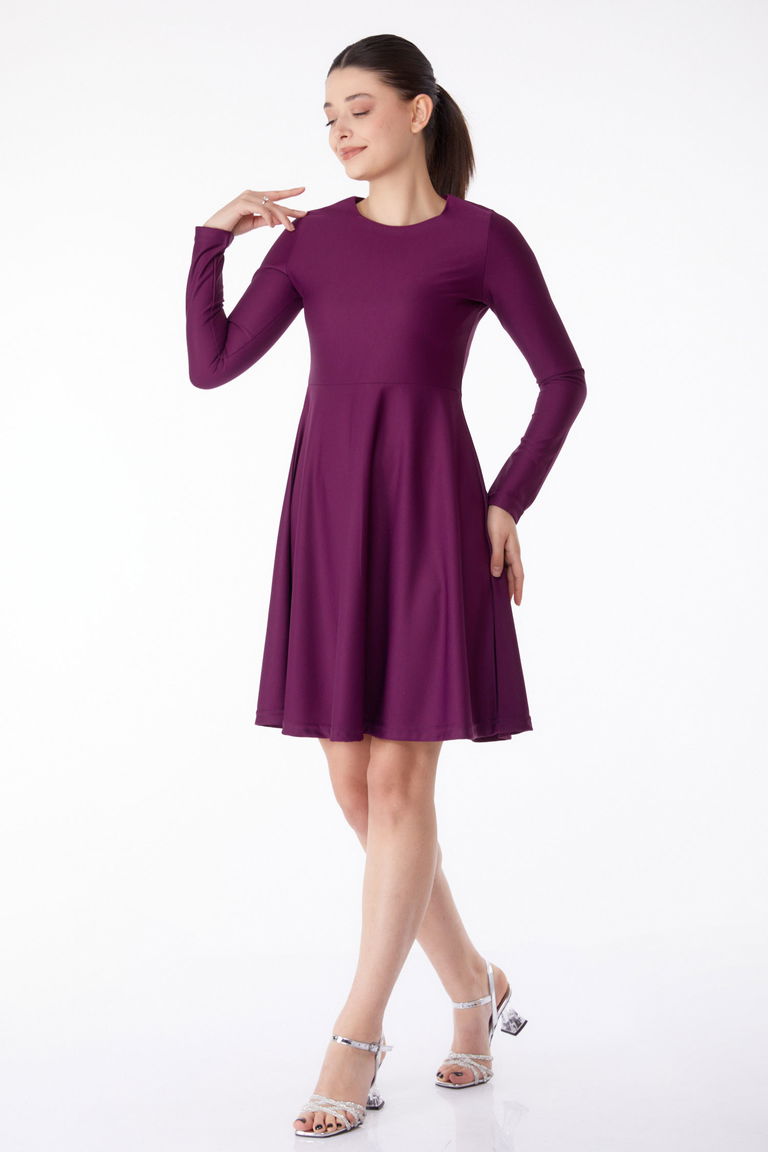 Düz Bisiklet Yaka Kadın Mor Mini Abiye Elbise - 13191 - TOFİSA