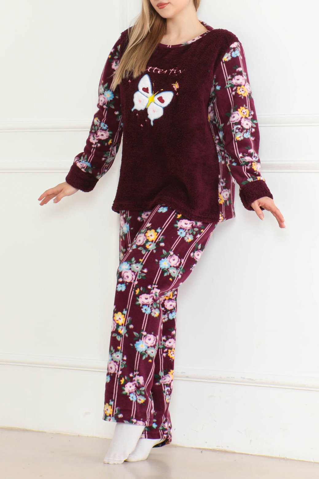 Nakışlı Peluş Polar Pijama Takım Mor - 26632 - 1