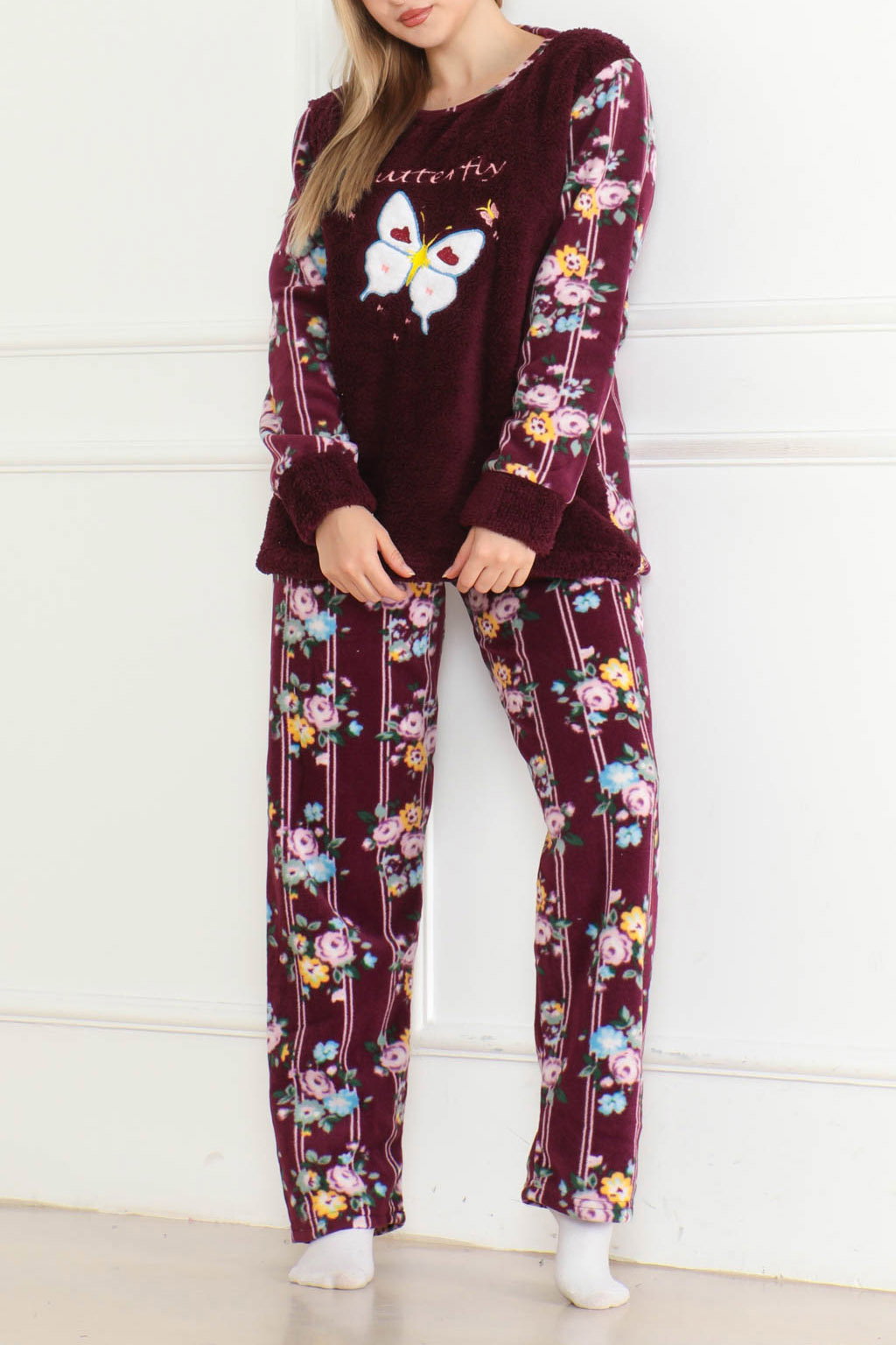 Nakışlı Peluş Polar Pijama Takım Mor - 26632 - 2