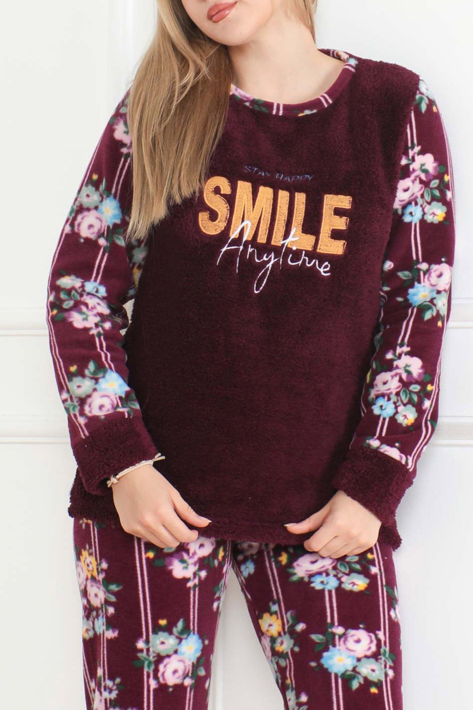 Düz Bisiklet Yaka Kadın Mor Nakışlı Peluş Polar Pijama Takım - 26633 - 3