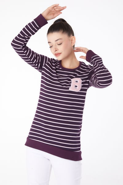 Düz Bisiklet Yaka Kadın Mor Nakışlı Sweatshirt - 26289 