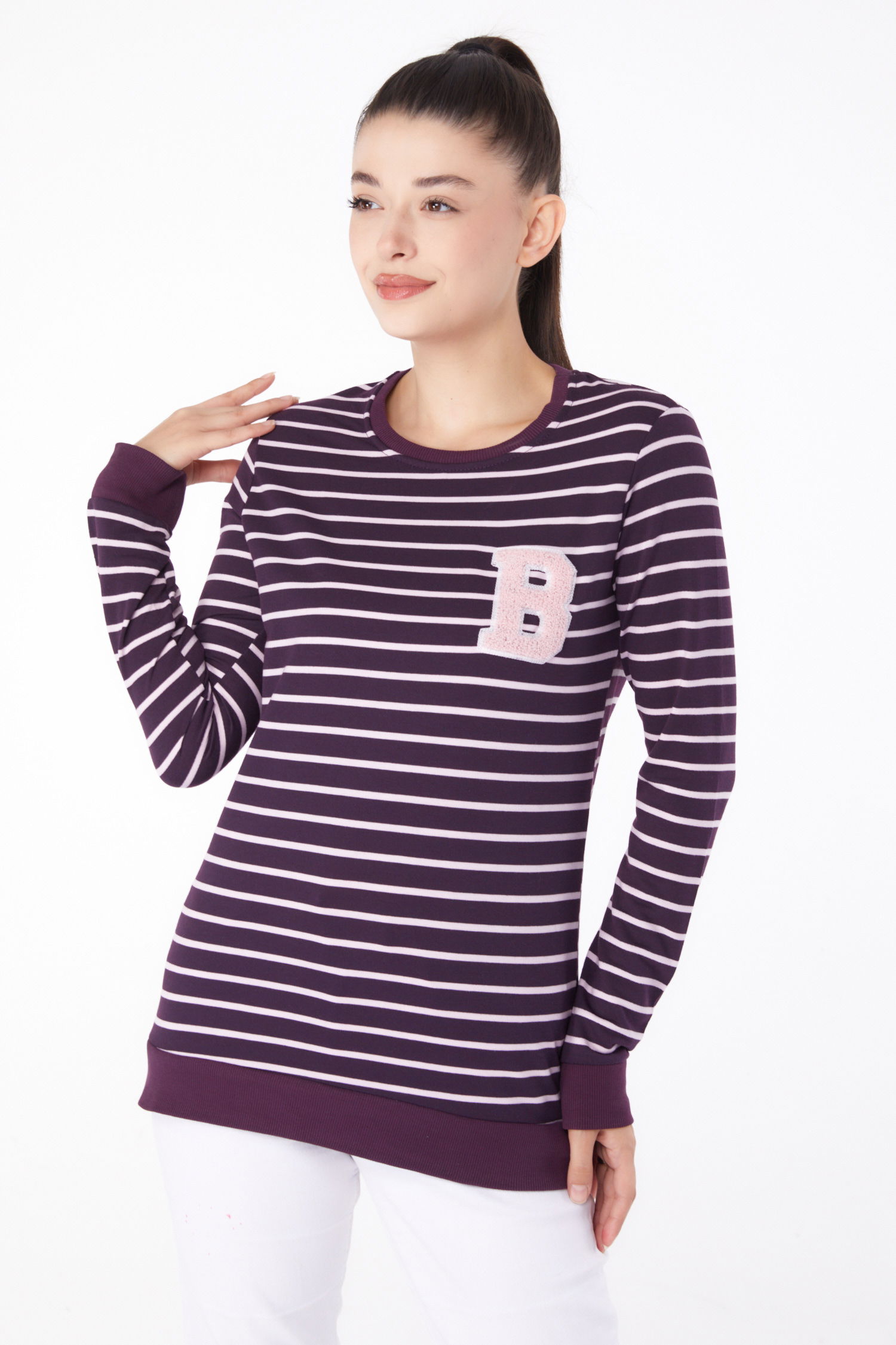 Düz Bisiklet Yaka Kadın Mor Nakışlı Sweatshirt - 26289 - 3