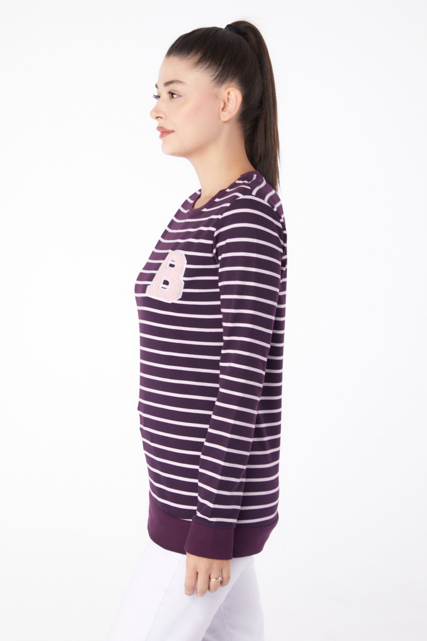 Düz Bisiklet Yaka Kadın Mor Nakışlı Sweatshirt - 26289 - 4