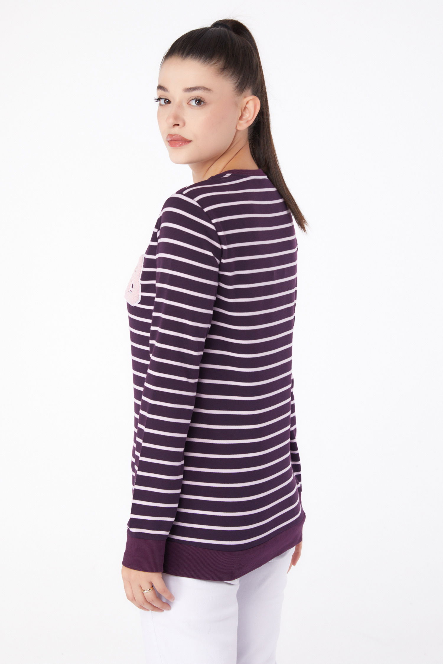 Düz Bisiklet Yaka Kadın Mor Nakışlı Sweatshirt - 26289 - 5