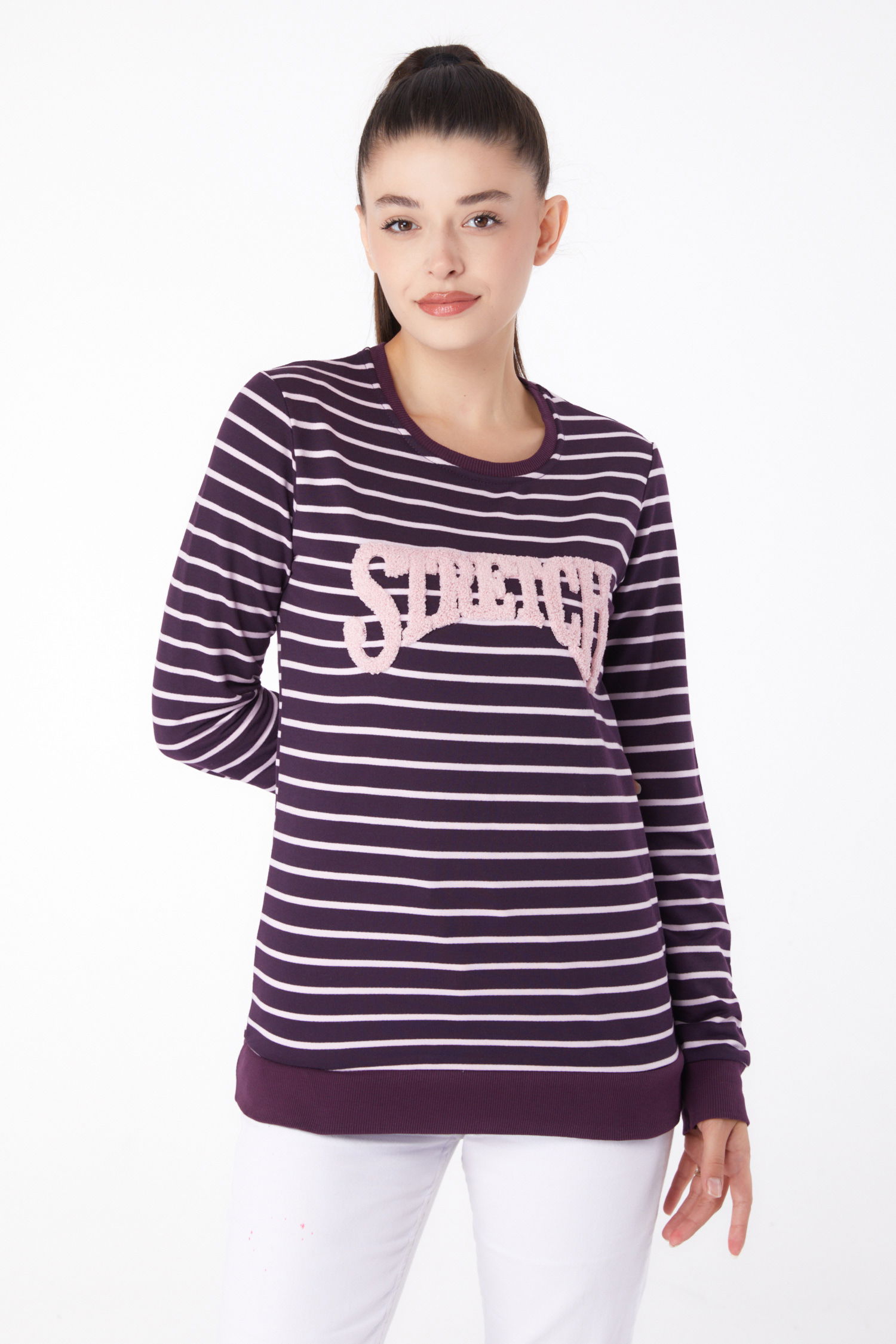 Düz Bisiklet Yaka Kadın Mor Nakışlı Sweatshirt - 26292 - 2