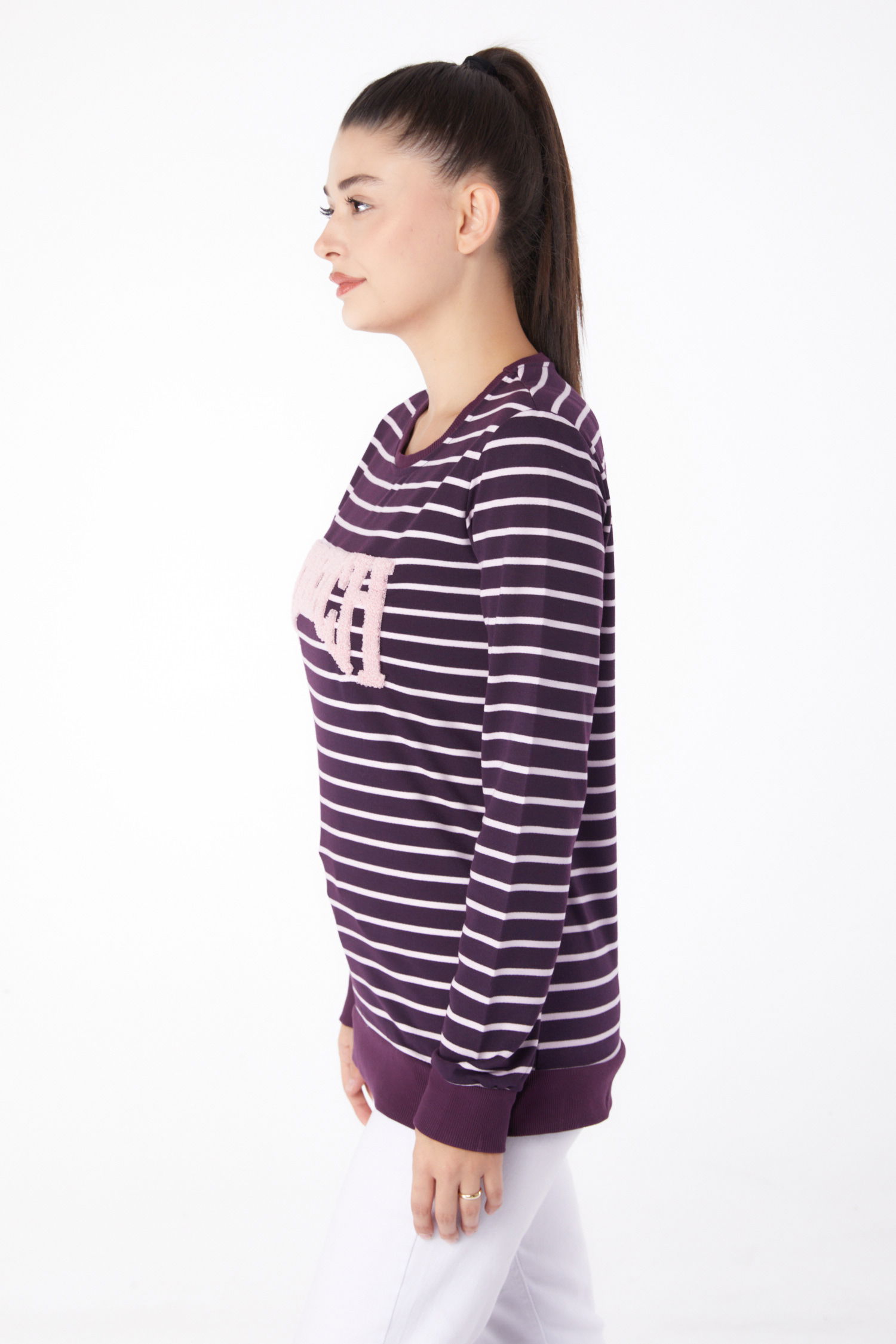 Düz Bisiklet Yaka Kadın Mor Nakışlı Sweatshirt - 26292 - 4