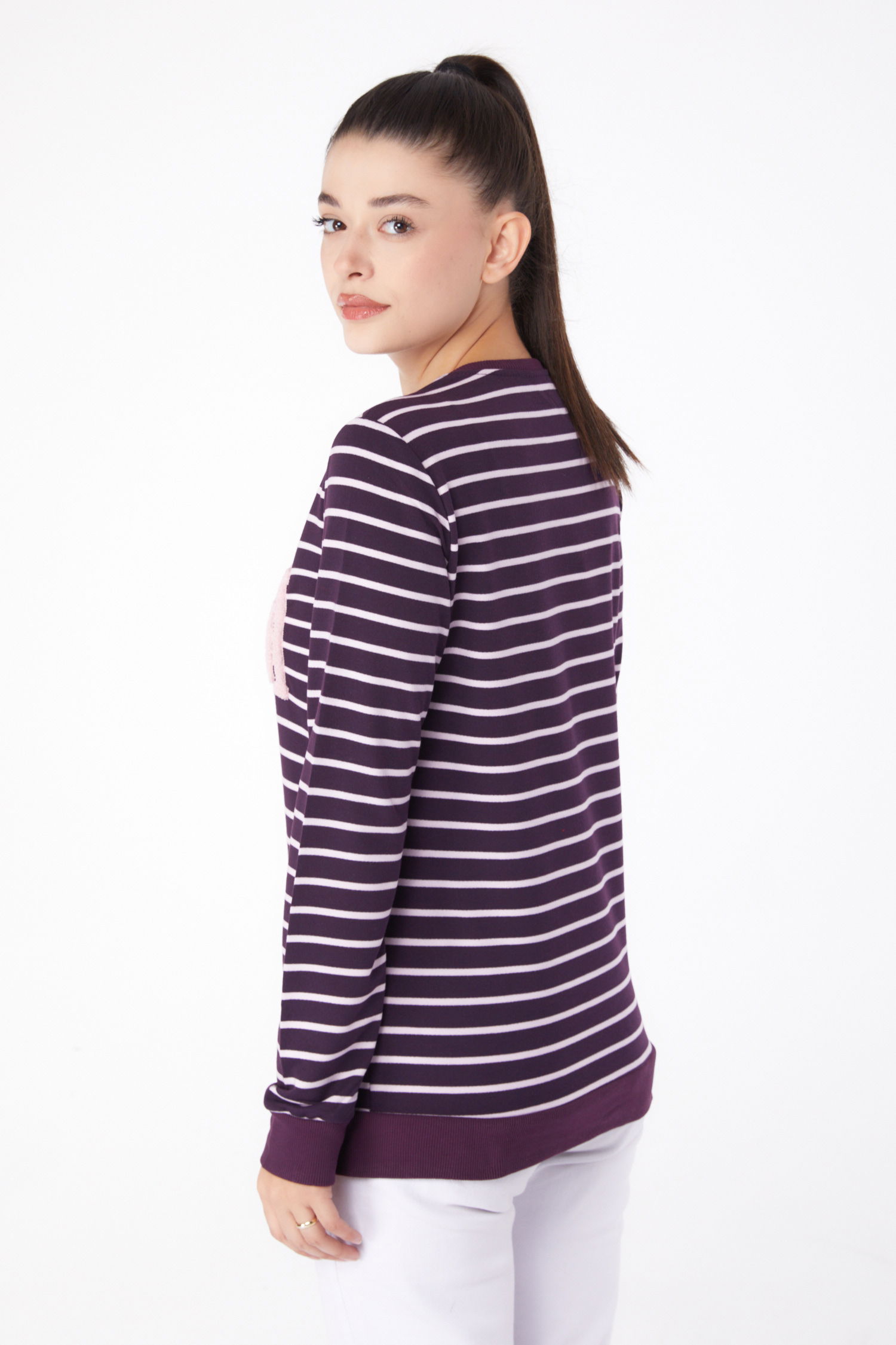 Düz Bisiklet Yaka Kadın Mor Nakışlı Sweatshirt - 26292 - 5