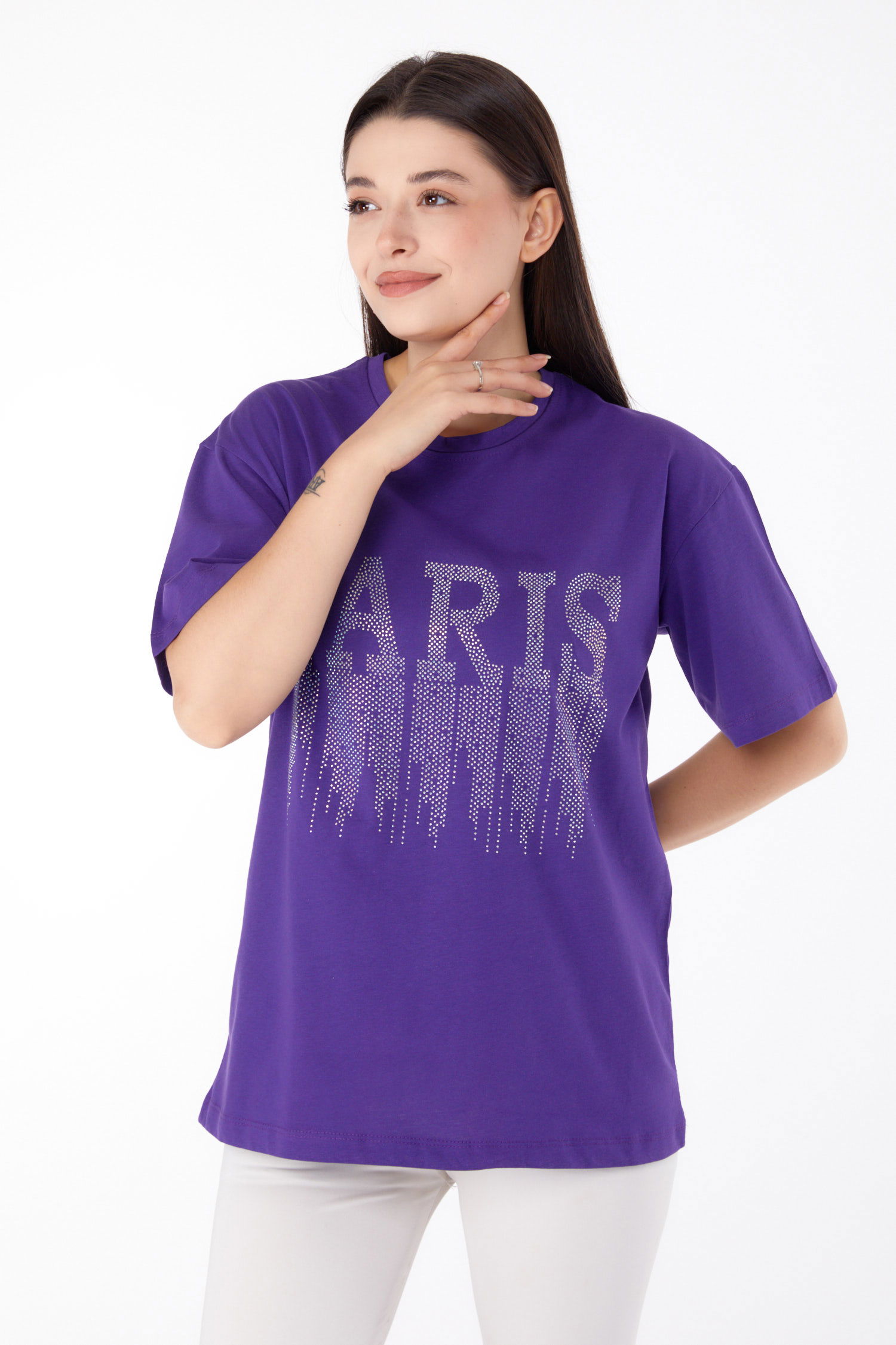 Düz Bisiklet Yaka Kadın Mor Taşlı T-shirt - 25698 - 1