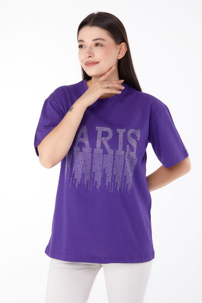Düz Bisiklet Yaka Kadın Mor Taşlı T-shirt - 25698 